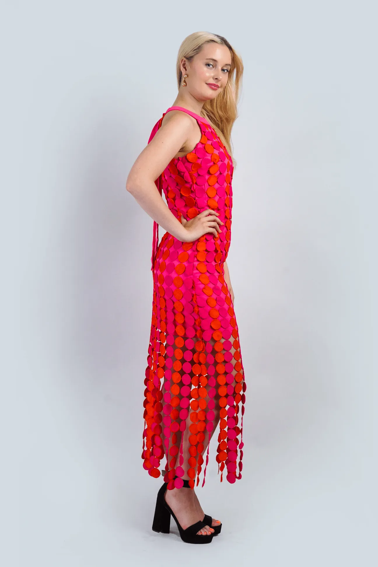 Pink Red Circle Appliqué Lace Dress
