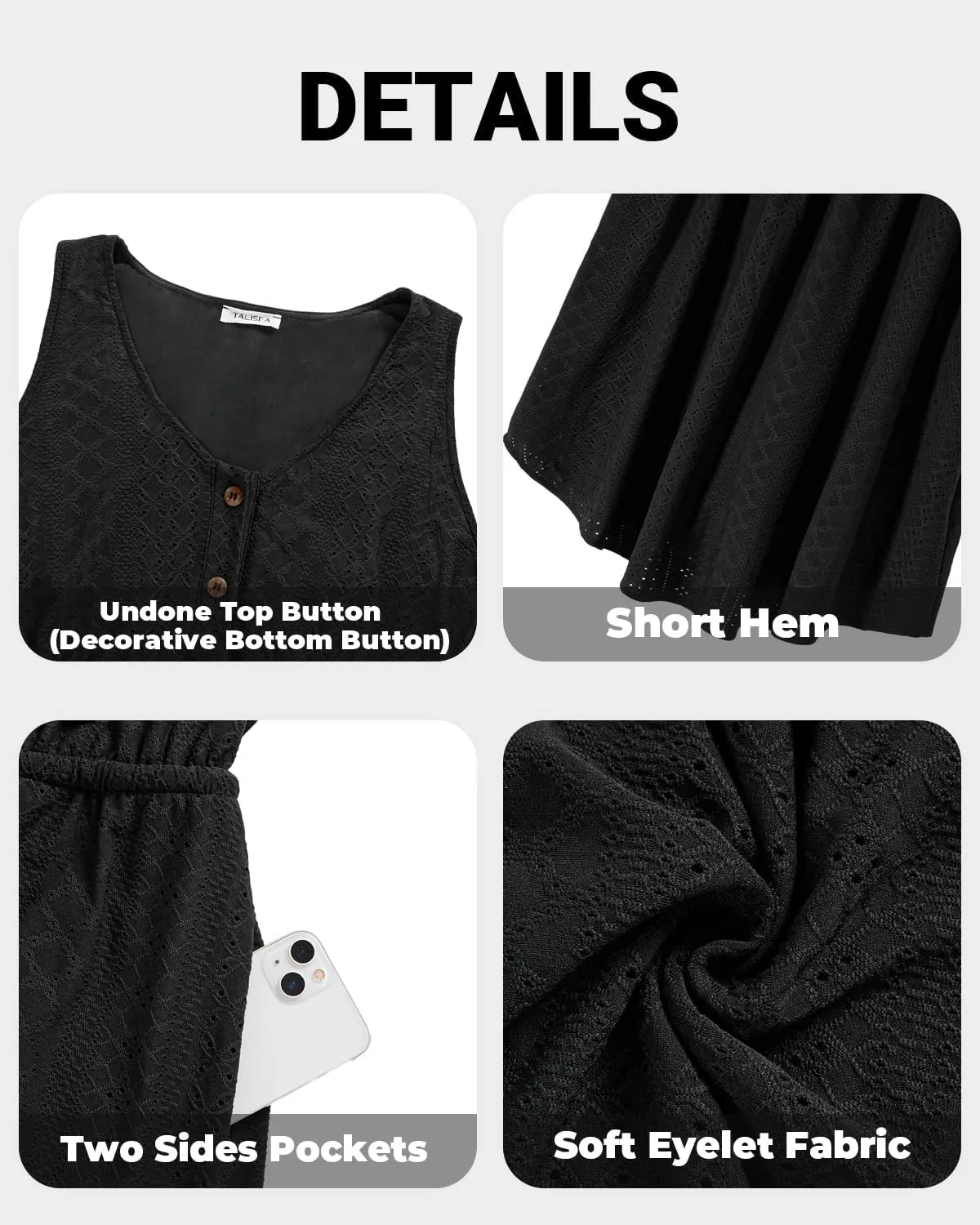 Plus Size Summer Dresses - Casual Beach Eyelet Sleeveless Tank V Neck Button Down Swing Short Sundress Pockets Women