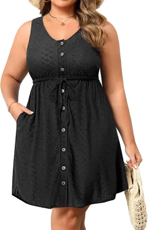 Plus Size Summer Dresses - Casual Beach Eyelet Sleeveless Tank V Neck Button Down Swing Short Sundress Pockets Women