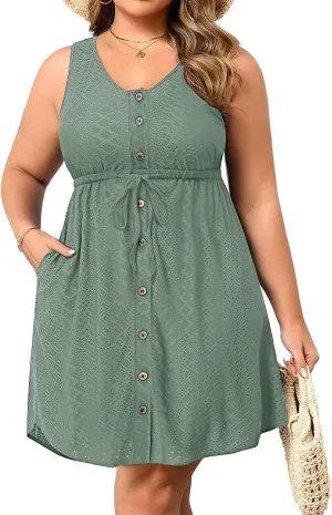 Plus Size Summer Dresses - Casual Beach Eyelet Sleeveless Tank V Neck Button Down Swing Short Sundress Pockets Women
