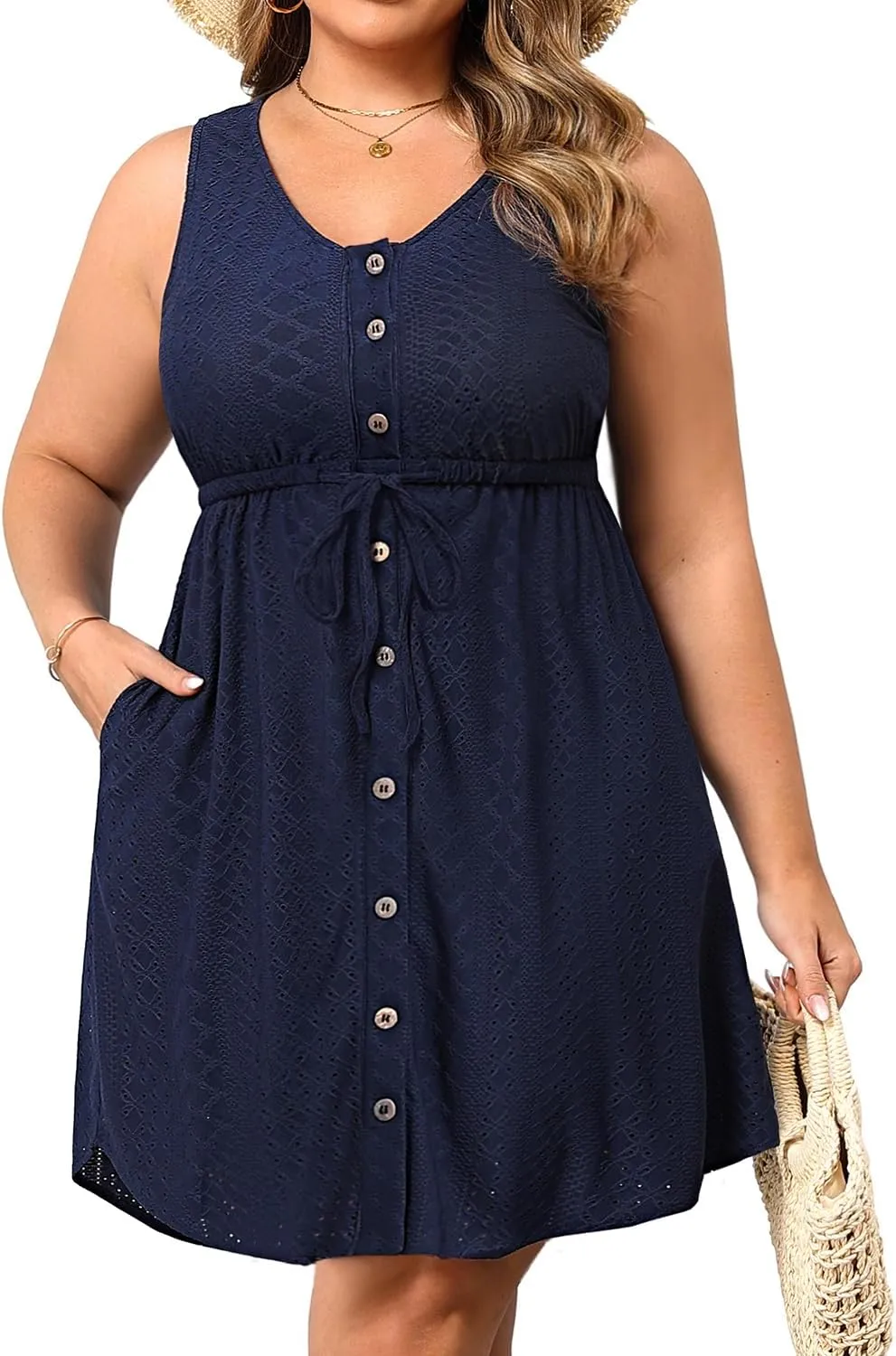 Plus Size Summer Dresses - Casual Beach Eyelet Sleeveless Tank V Neck Button Down Swing Short Sundress Pockets Women