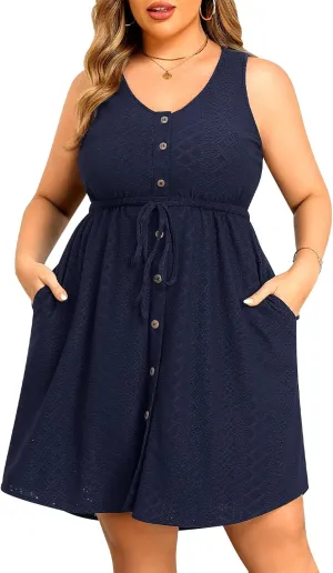 Plus Size Summer Dresses - Casual Beach Eyelet Sleeveless Tank V Neck Button Down Swing Short Sundress Pockets Women