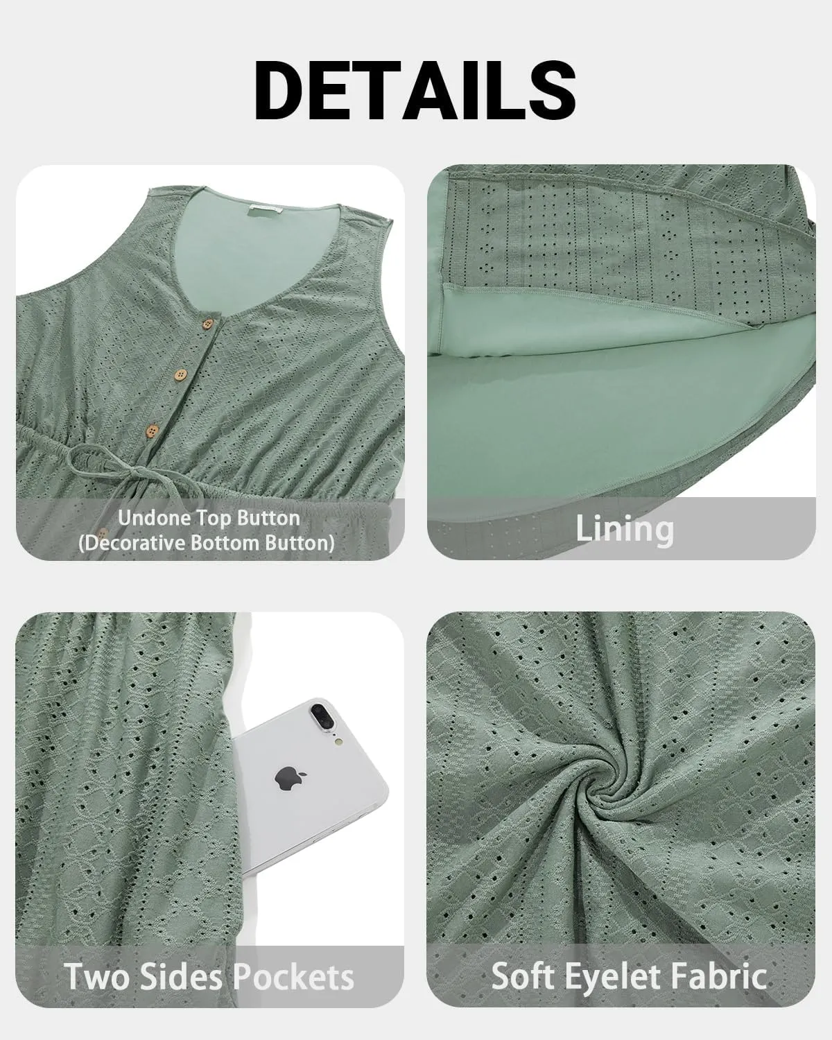 Plus Size Summer Dresses - Casual Beach Eyelet Sleeveless Tank V Neck Button Down Swing Short Sundress Pockets Women