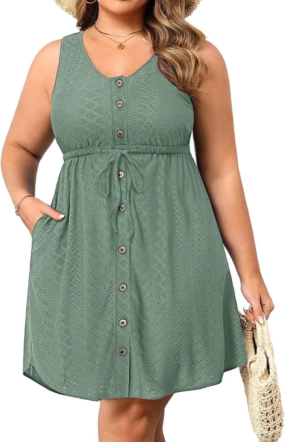 Plus Size Summer Dresses - Casual Beach Eyelet Sleeveless Tank V Neck Button Down Swing Short Sundress Pockets Women