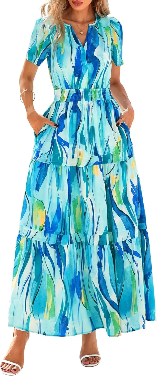 PRETTYGARDEN Women's 2025 Summer Boho Maxi Dresses Floral Short Sleeve V Neck A Line Tiered Flowy Long Beach Vacation Dress