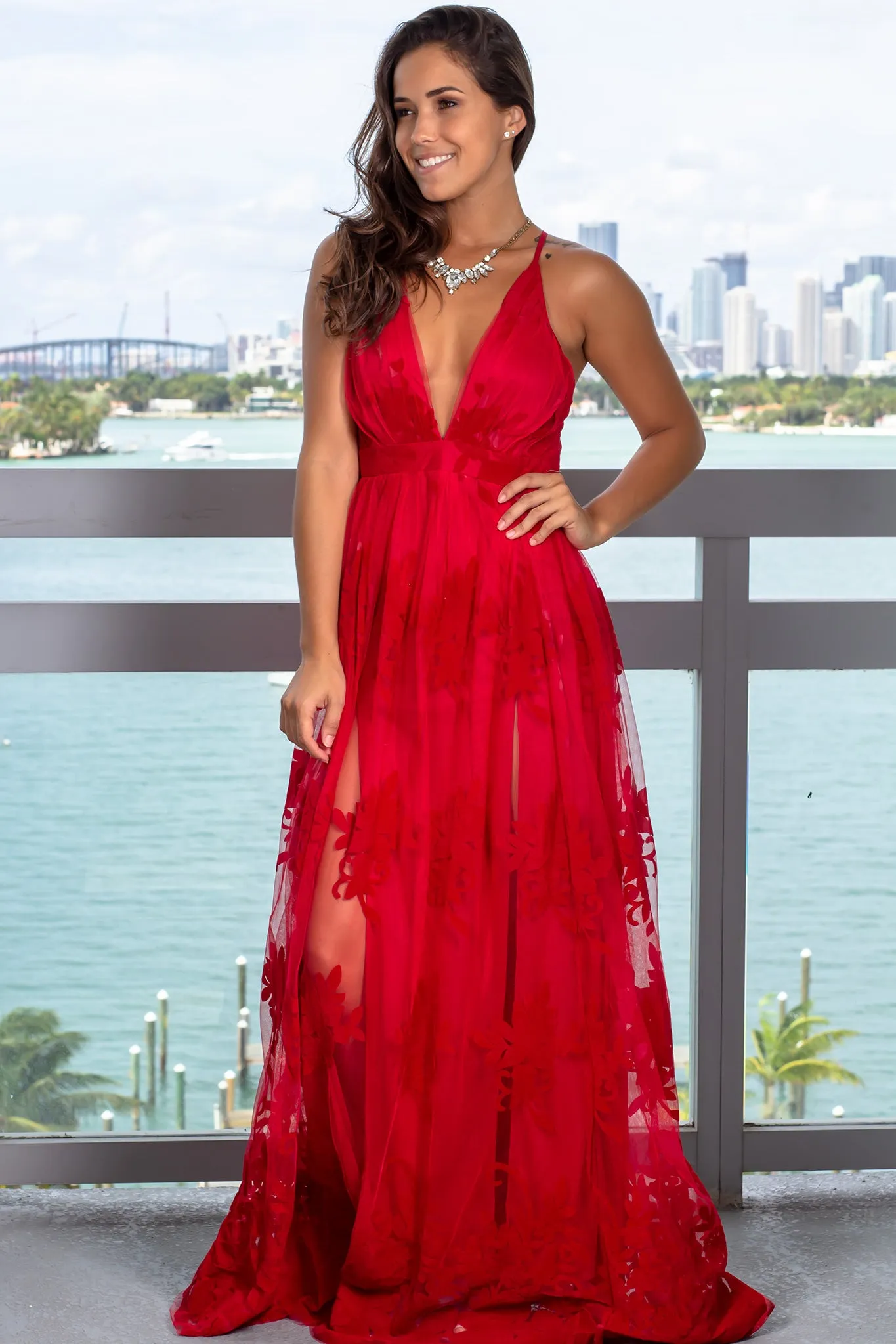Red Floral Tulle Maxi Dress with Criss Cross Back