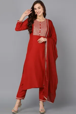 Red Silk Blend Solid Straight Suit Set