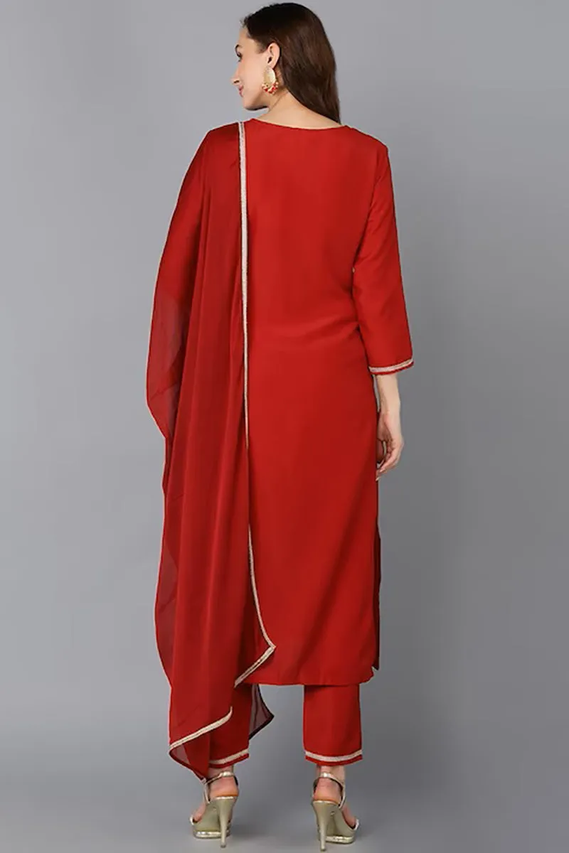 Red Silk Blend Solid Straight Suit Set