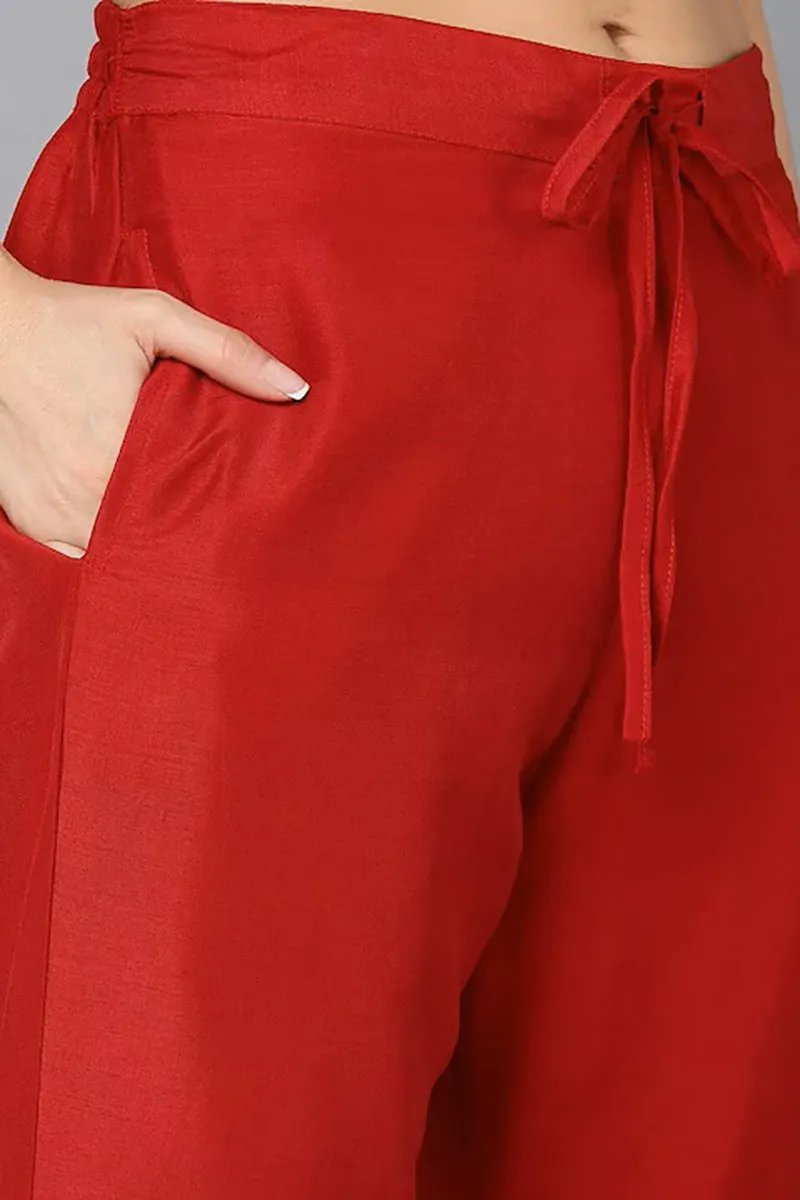 Red Silk Blend Solid Straight Suit Set