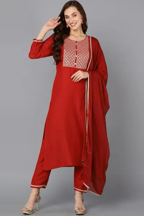 Red Silk Blend Solid Straight Suit Set