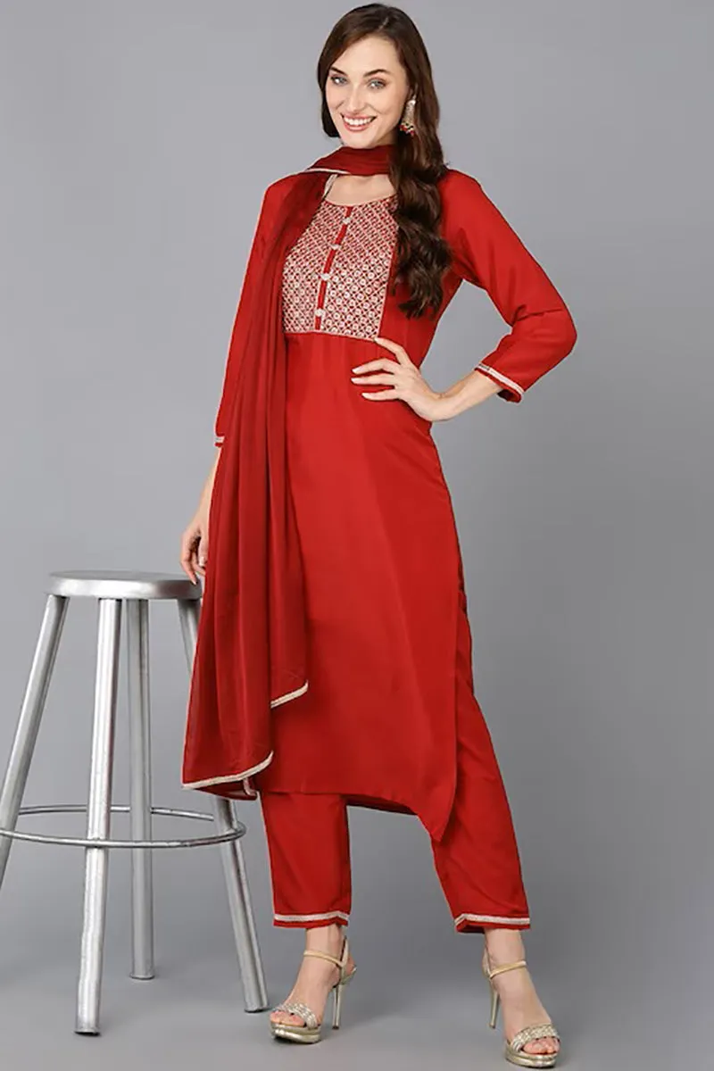 Red Silk Blend Solid Straight Suit Set