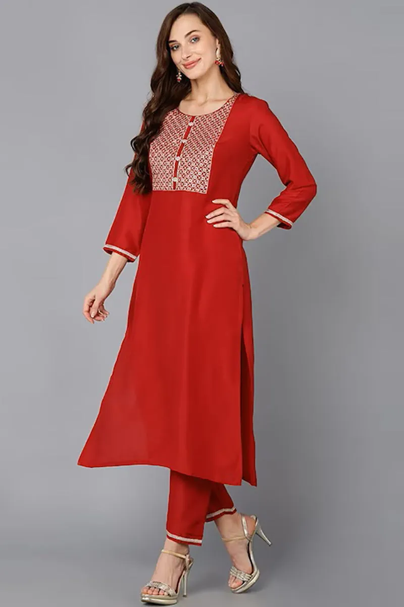 Red Silk Blend Solid Straight Suit Set