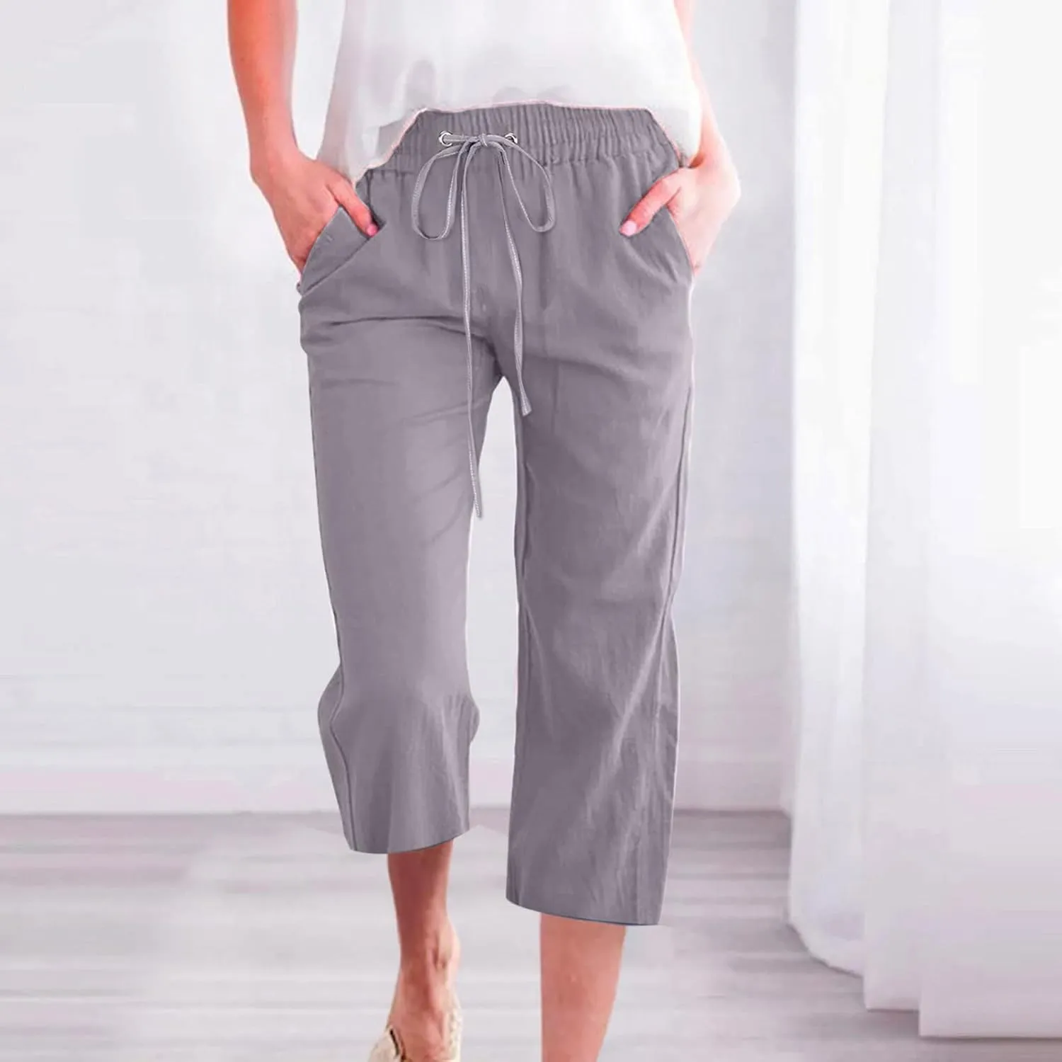 RKSTN Summer Capri Pants for Women Casual Cotton Linen Pants Straight Leg Vacation Beach Crop Pant with Pockets
