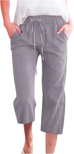 RKSTN Summer Capri Pants for Women Casual Cotton Linen Pants Straight Leg Vacation Beach Crop Pant with Pockets