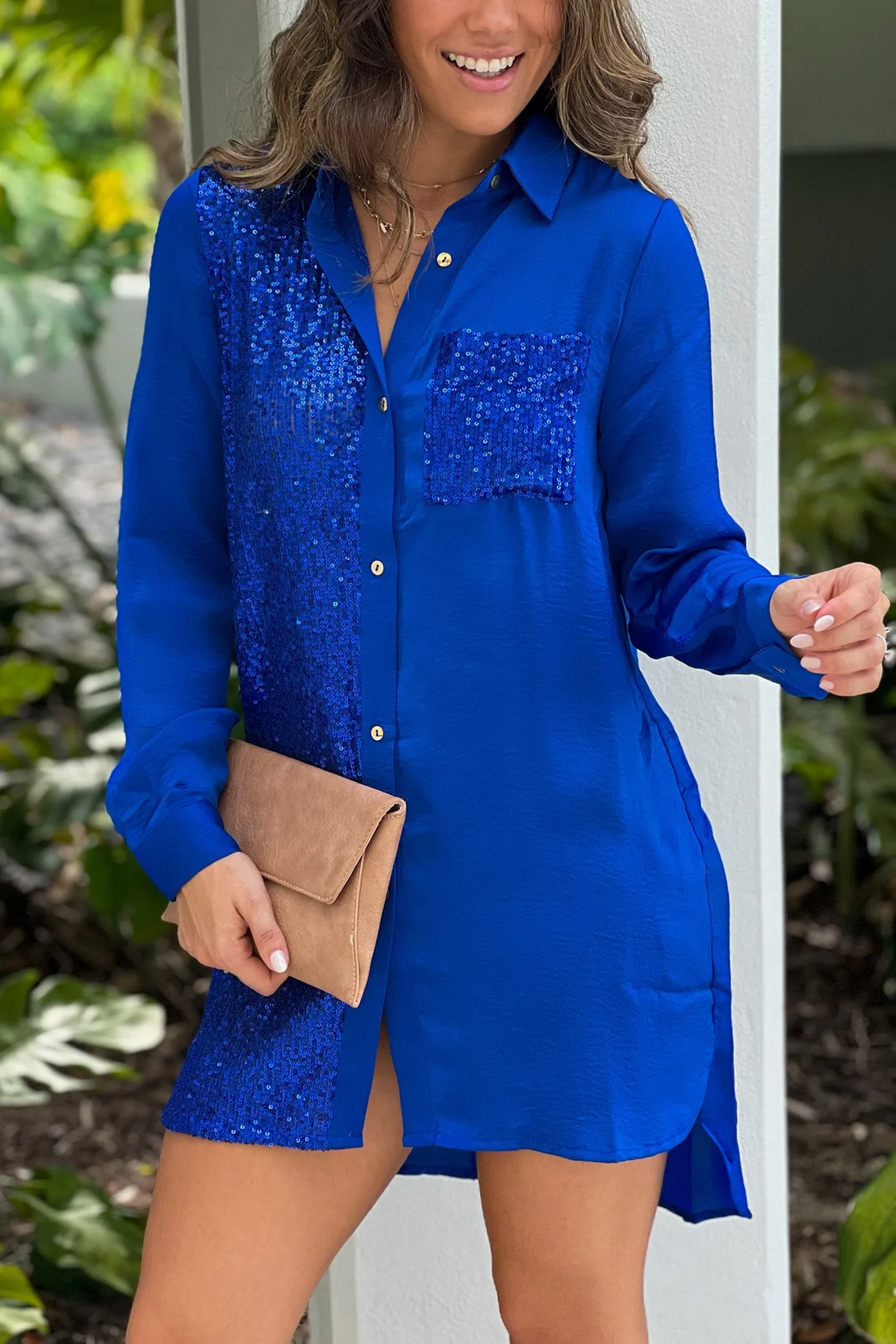 Royal Blue Shirt Dress With Sequin Details