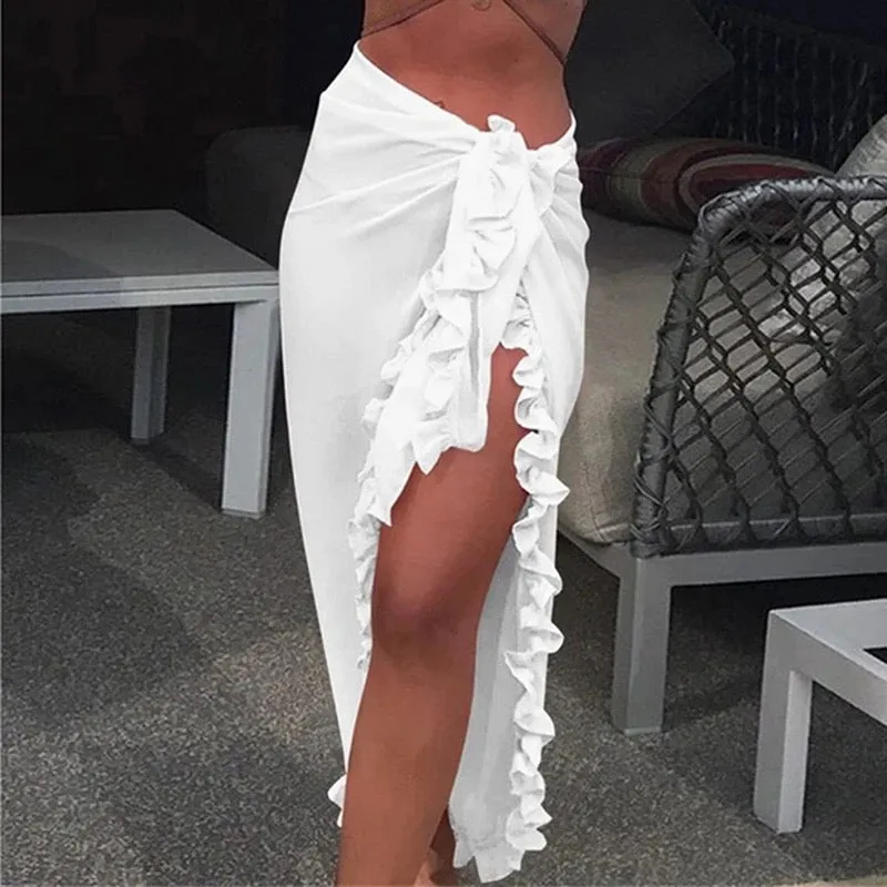 Ruffled Chiffon Bikini Wrap Sarong (Red Only)