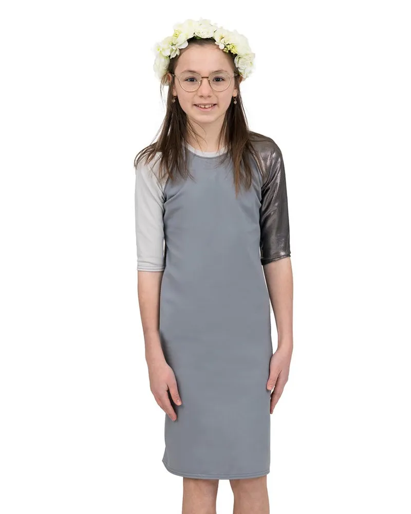 S19-KDB-GM Grey Metallic Kids Baseball Swim Dress