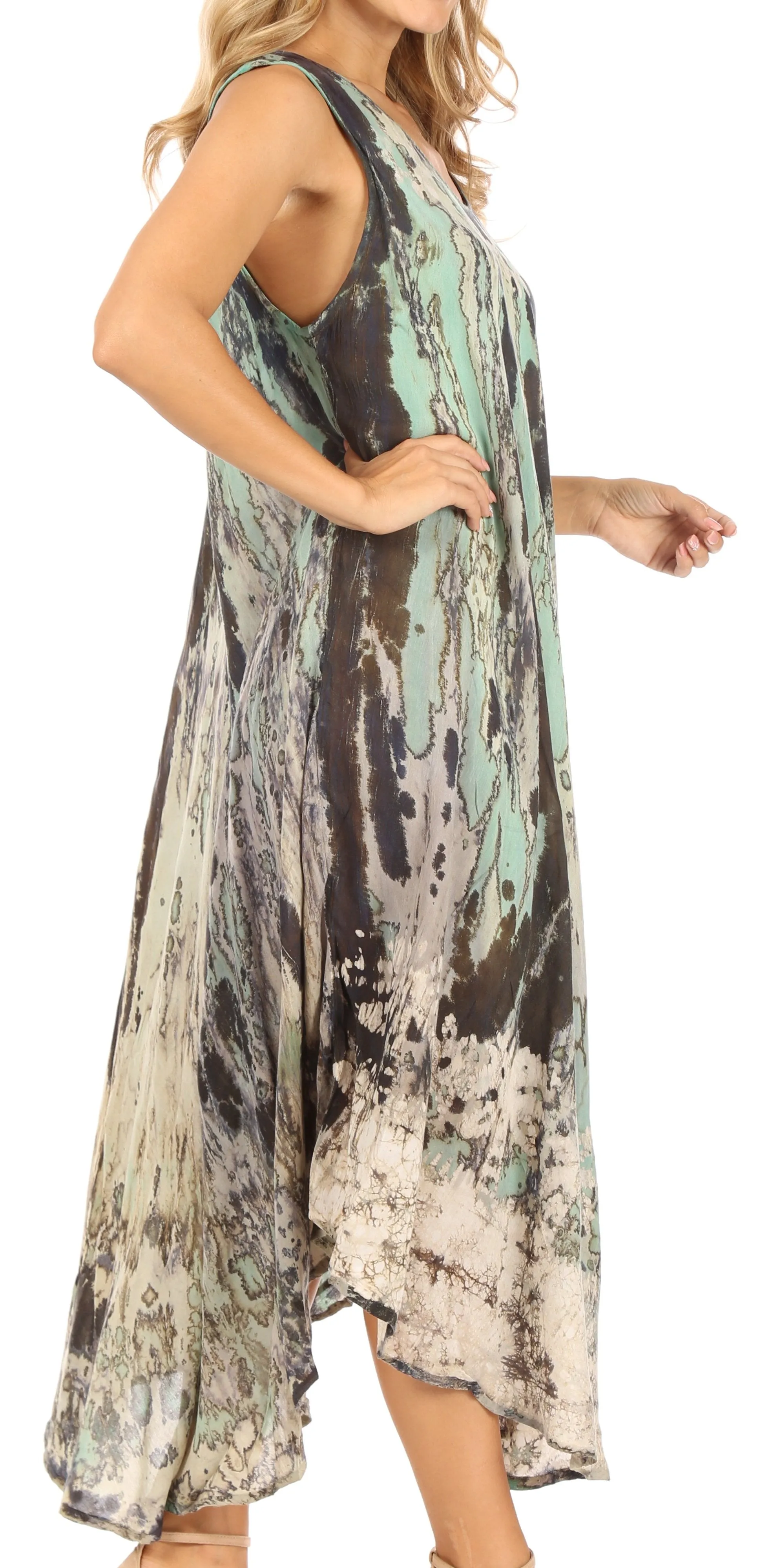 Sakkas Julia Boho Flared Multi-color Marble Batik Cotton Long Dress  / Cover Up