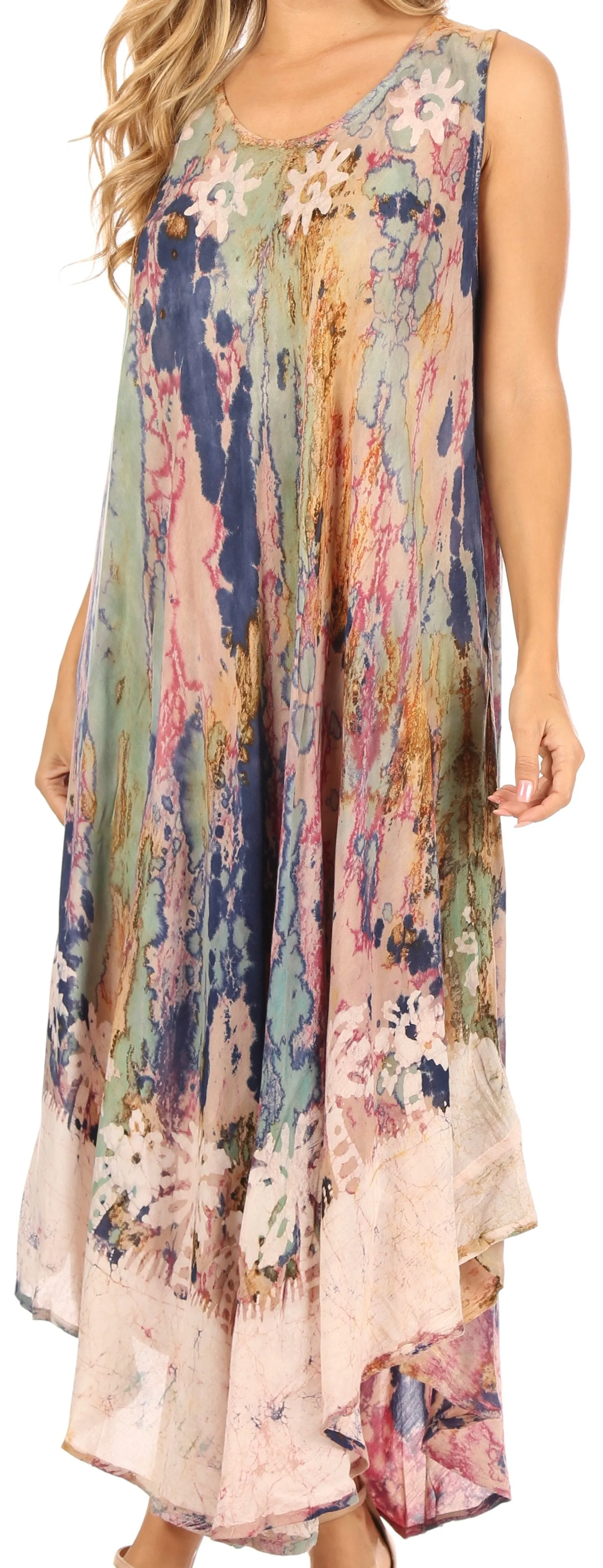 Sakkas Julia Boho Flared Multi-color Marble Batik Cotton Long Dress  / Cover Up