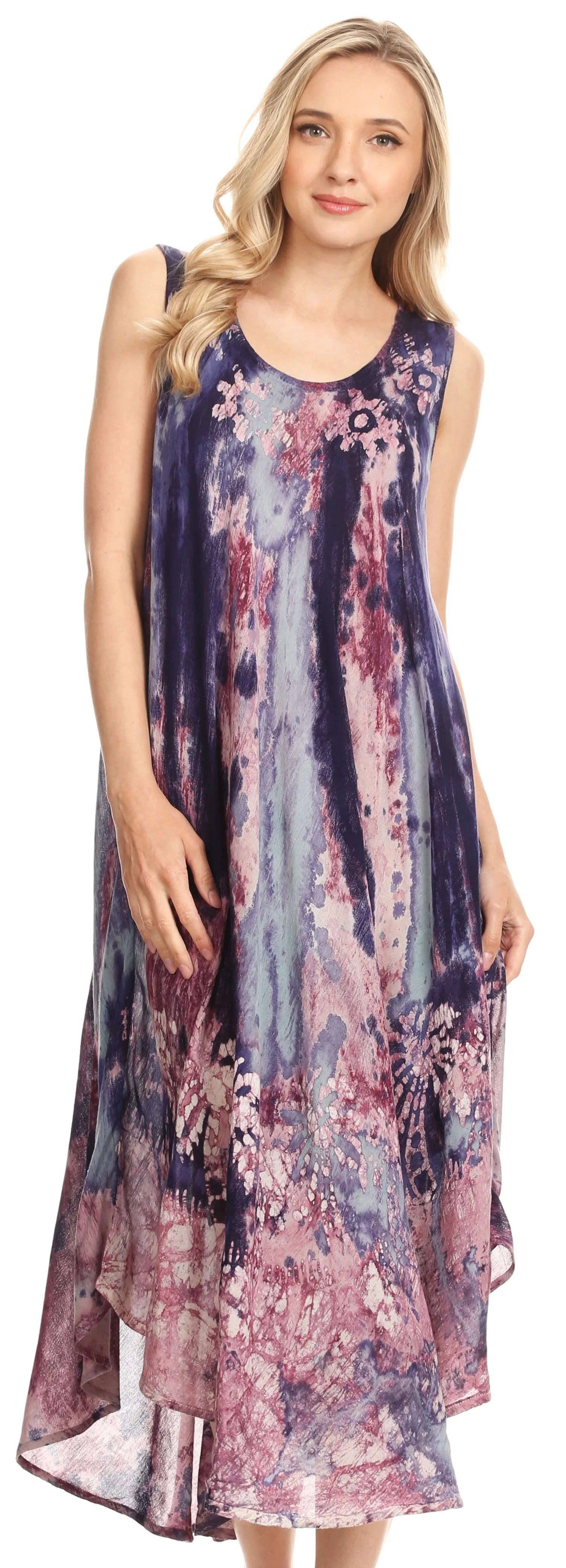 Sakkas Julia Boho Flared Multi-color Marble Batik Cotton Long Dress  / Cover Up