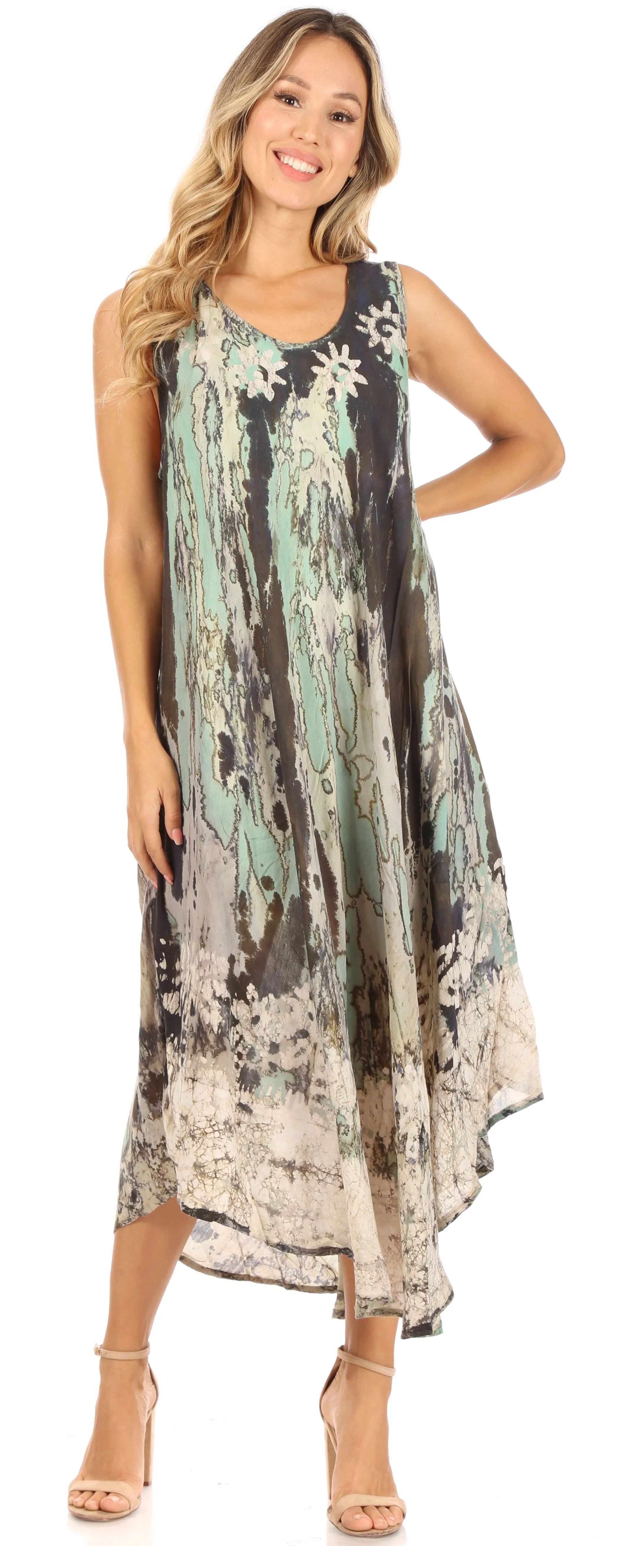 Sakkas Julia Boho Flared Multi-color Marble Batik Cotton Long Dress  / Cover Up