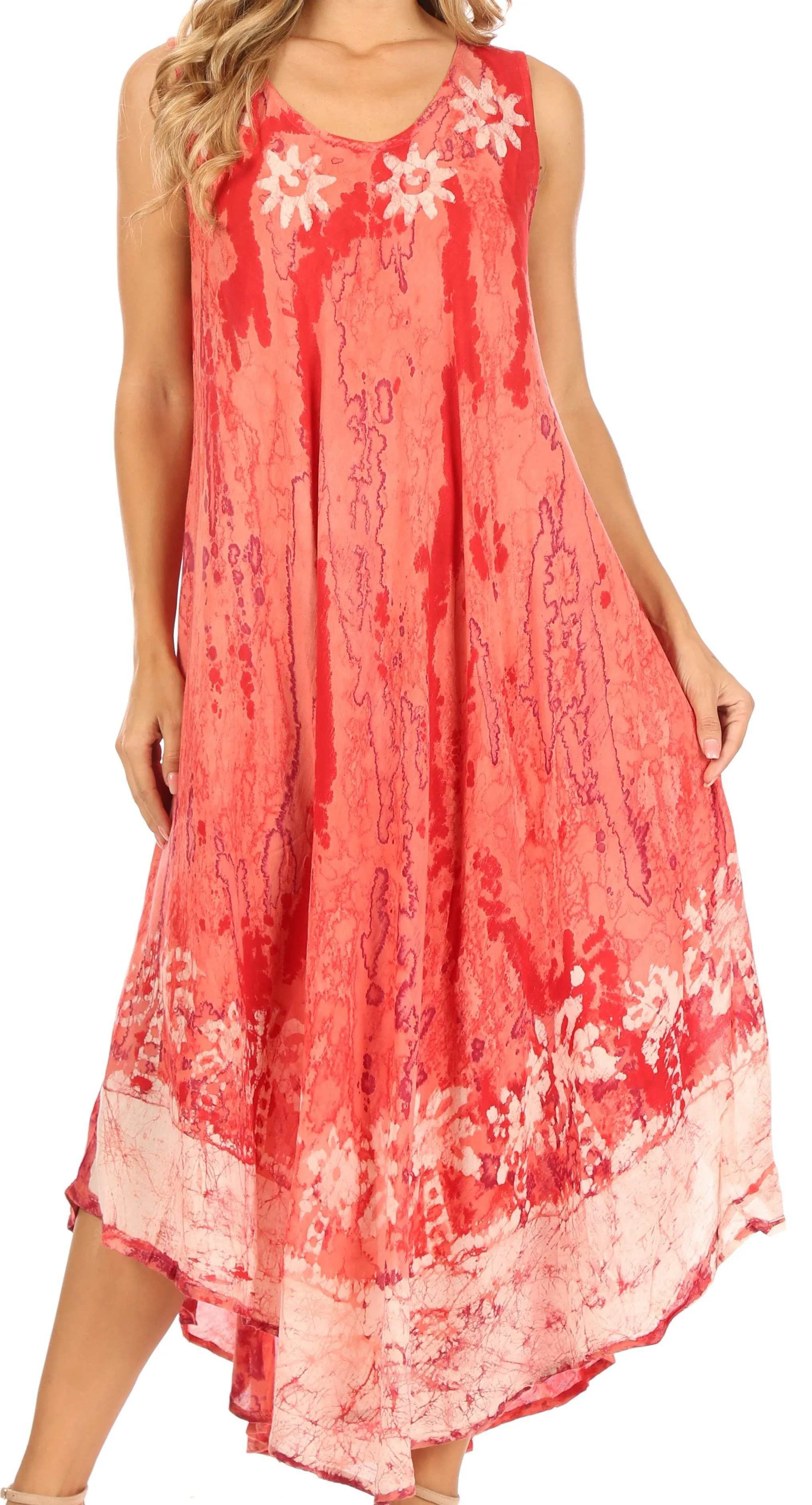 Sakkas Julia Boho Flared Multi-color Marble Batik Cotton Long Dress  / Cover Up