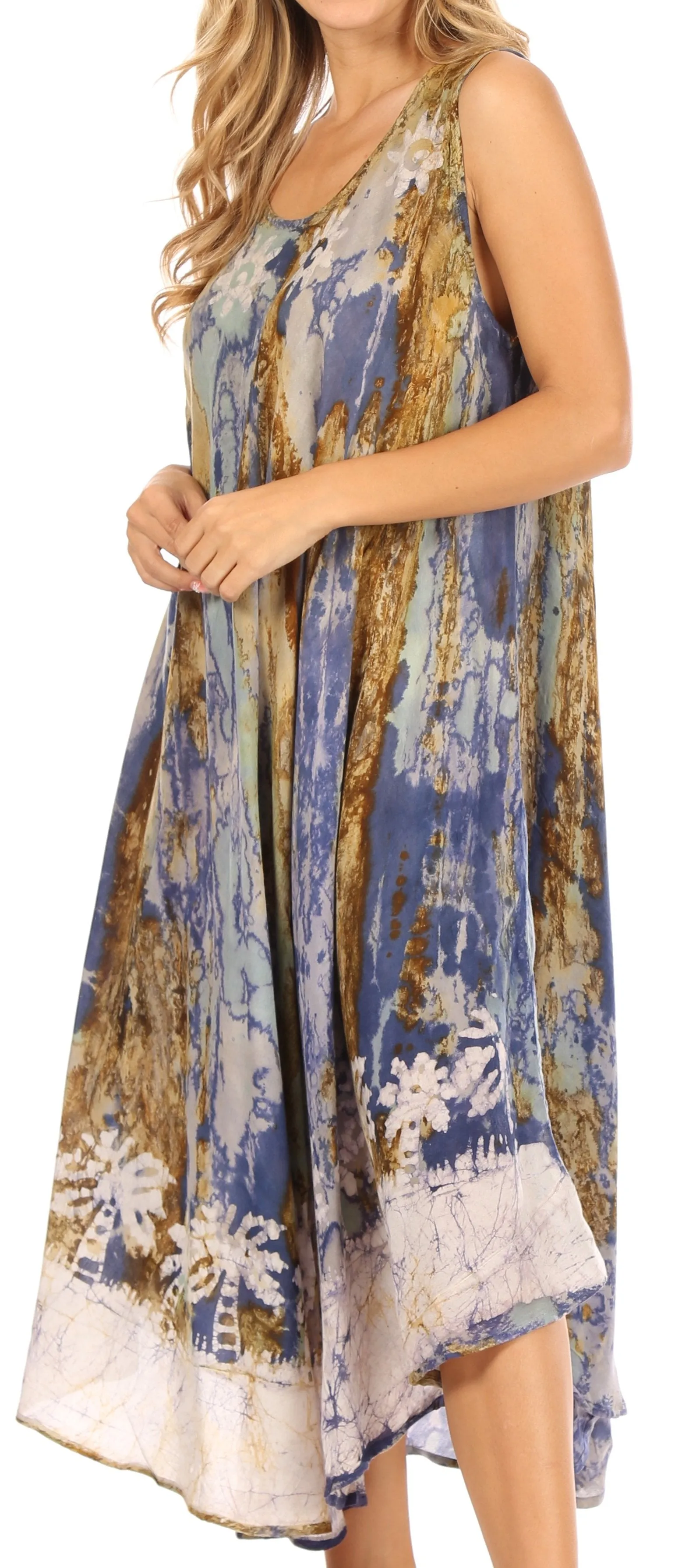 Sakkas Julia Boho Flared Multi-color Marble Batik Cotton Long Dress  / Cover Up