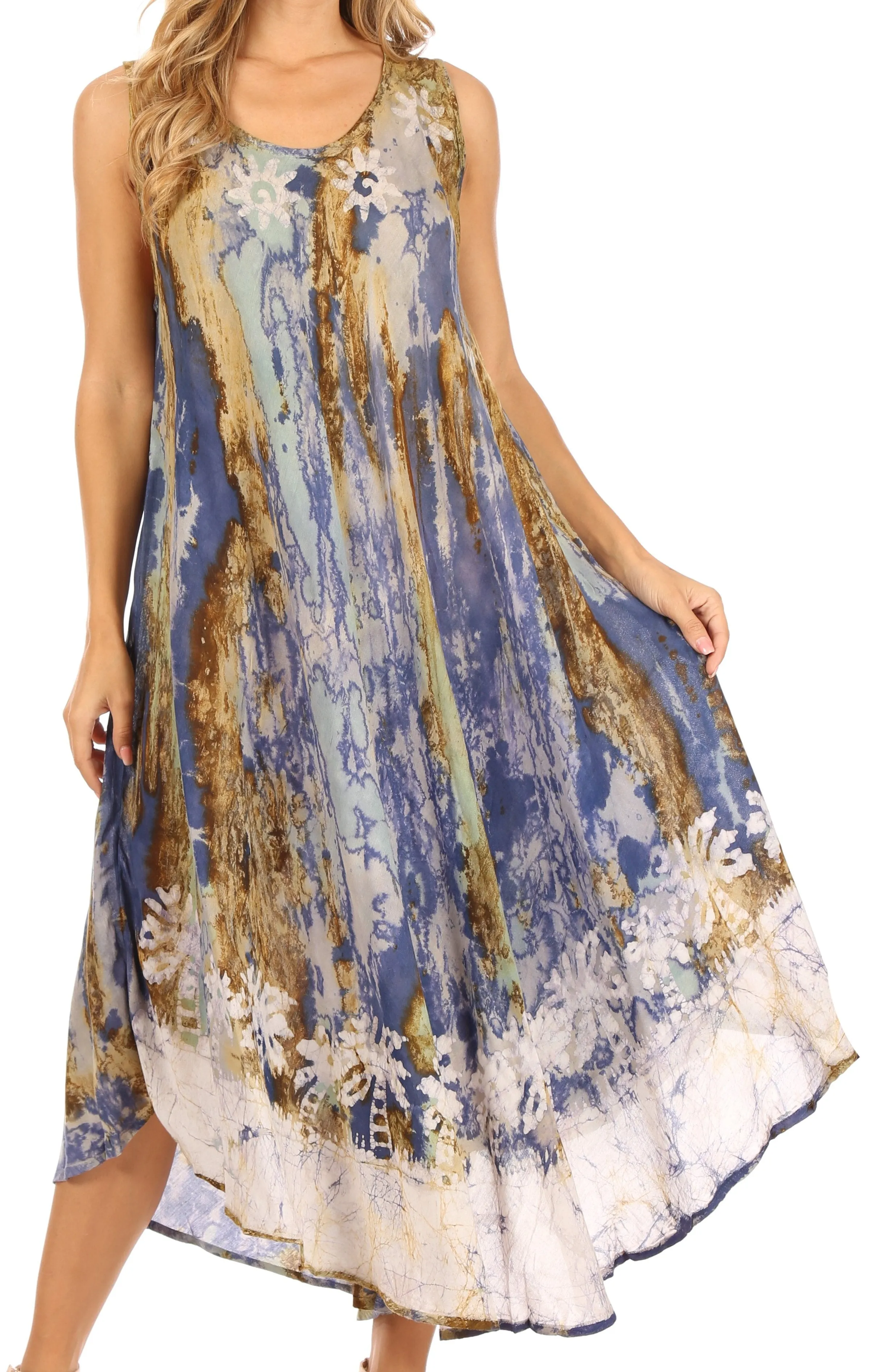Sakkas Julia Boho Flared Multi-color Marble Batik Cotton Long Dress  / Cover Up