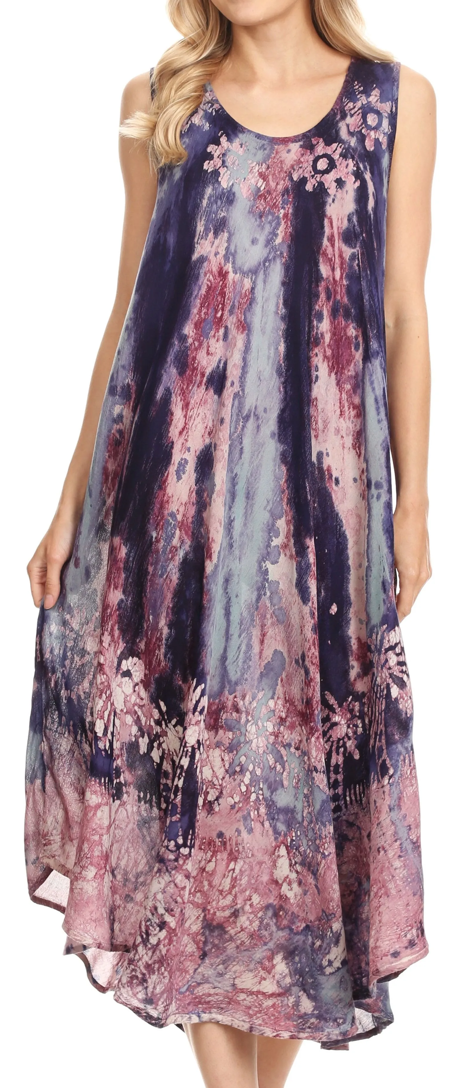 Sakkas Julia Boho Flared Multi-color Marble Batik Cotton Long Dress  / Cover Up