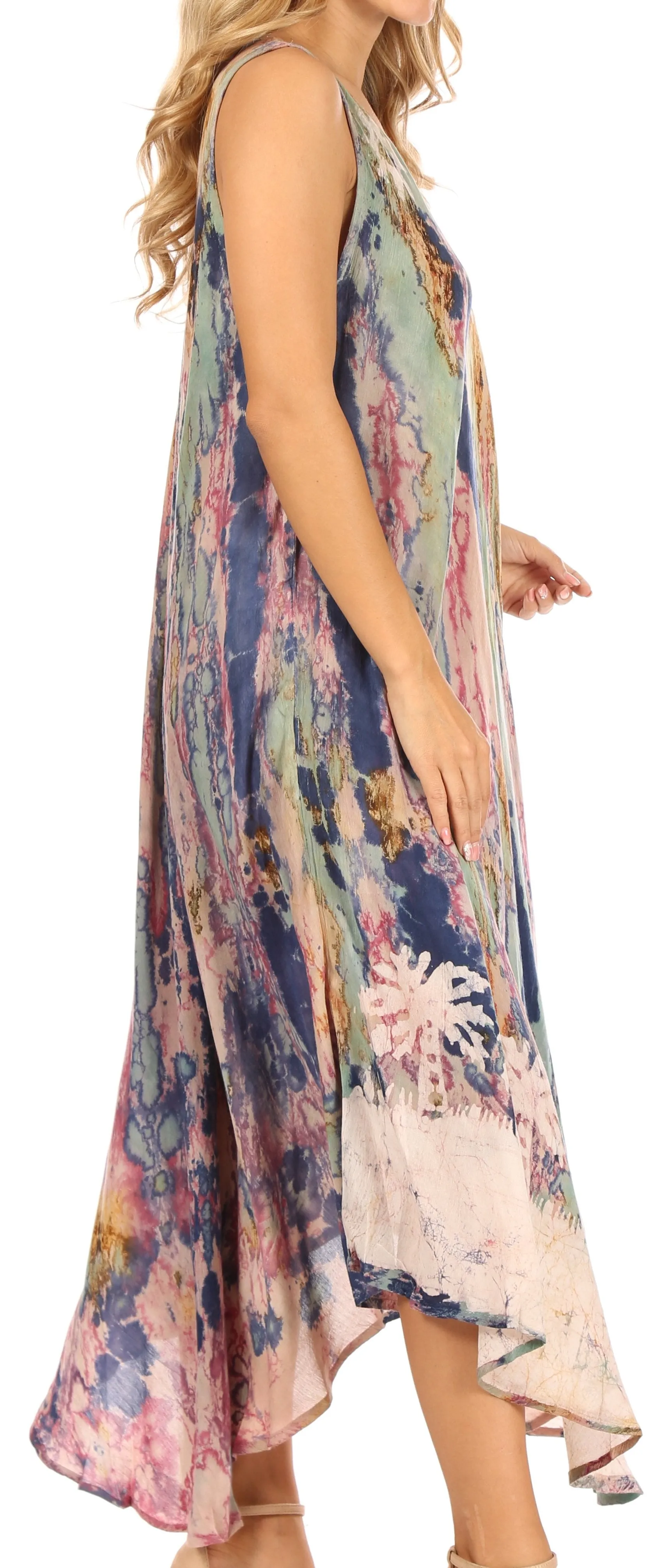 Sakkas Julia Boho Flared Multi-color Marble Batik Cotton Long Dress  / Cover Up