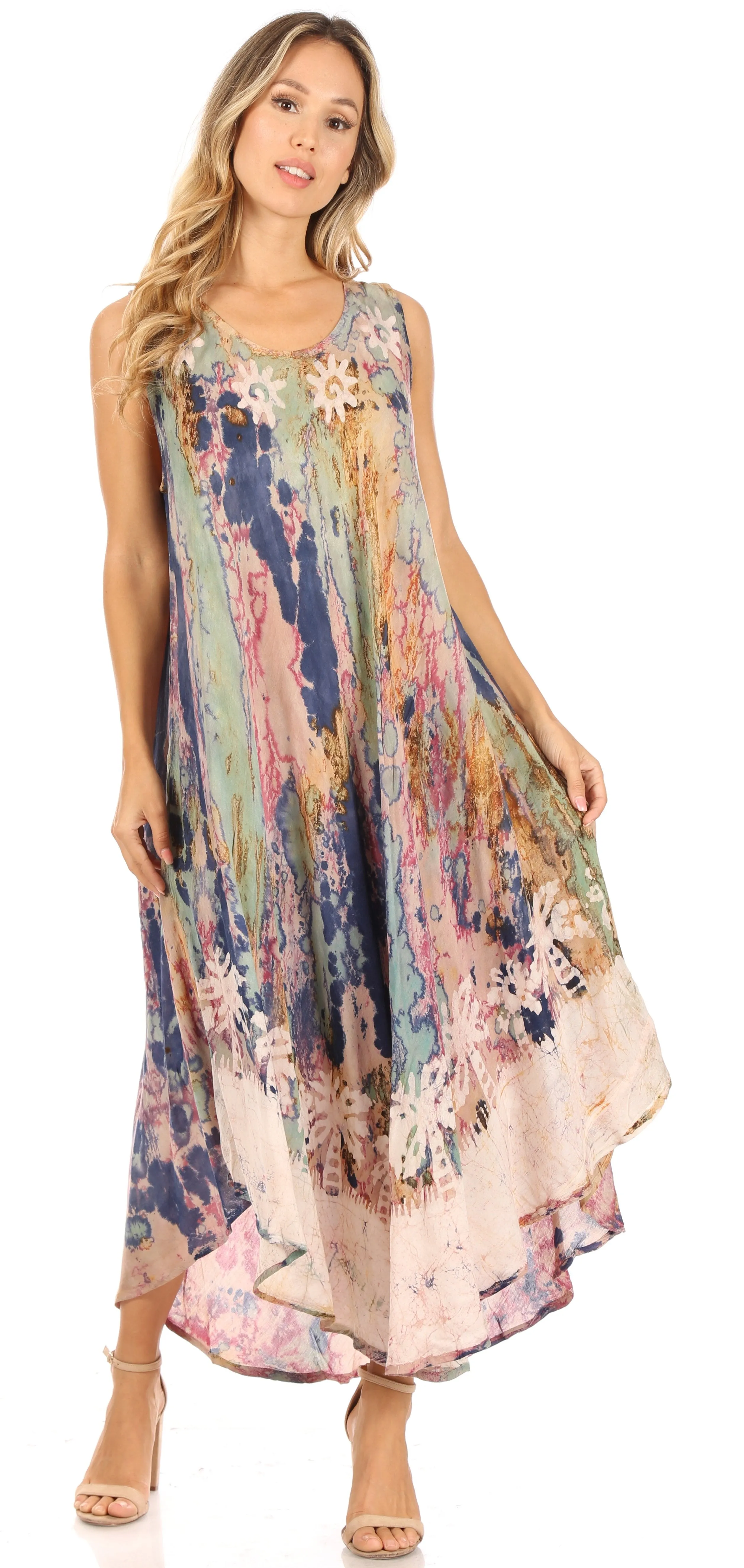 Sakkas Julia Boho Flared Multi-color Marble Batik Cotton Long Dress  / Cover Up