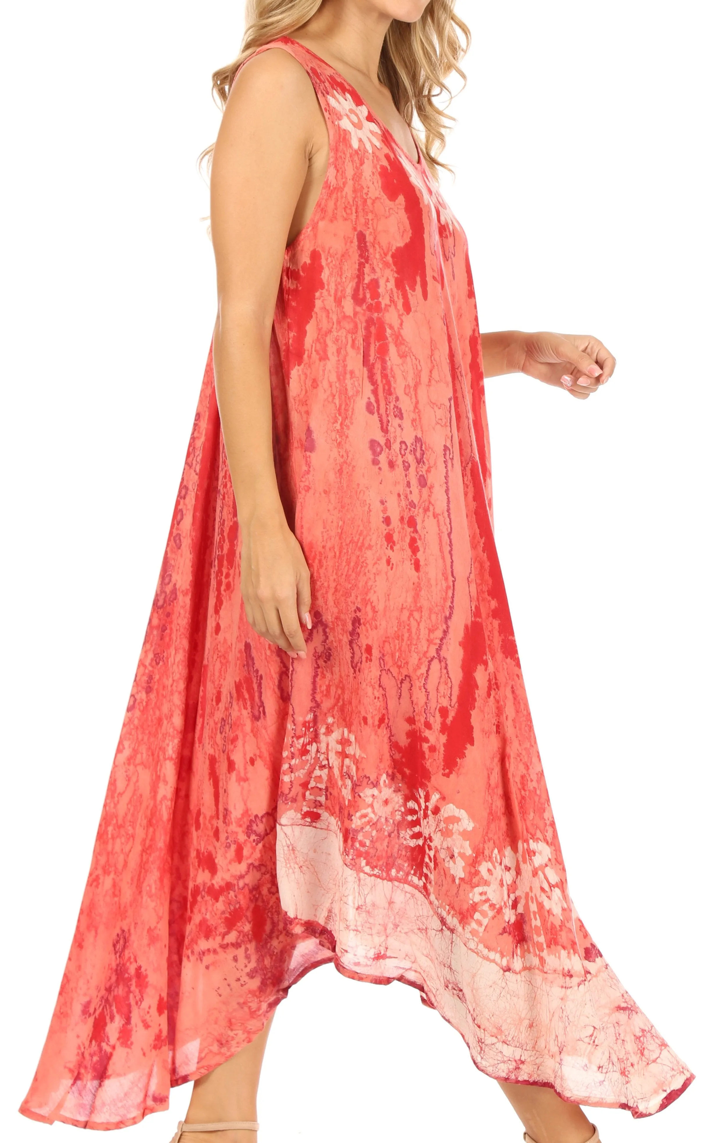 Sakkas Julia Boho Flared Multi-color Marble Batik Cotton Long Dress  / Cover Up