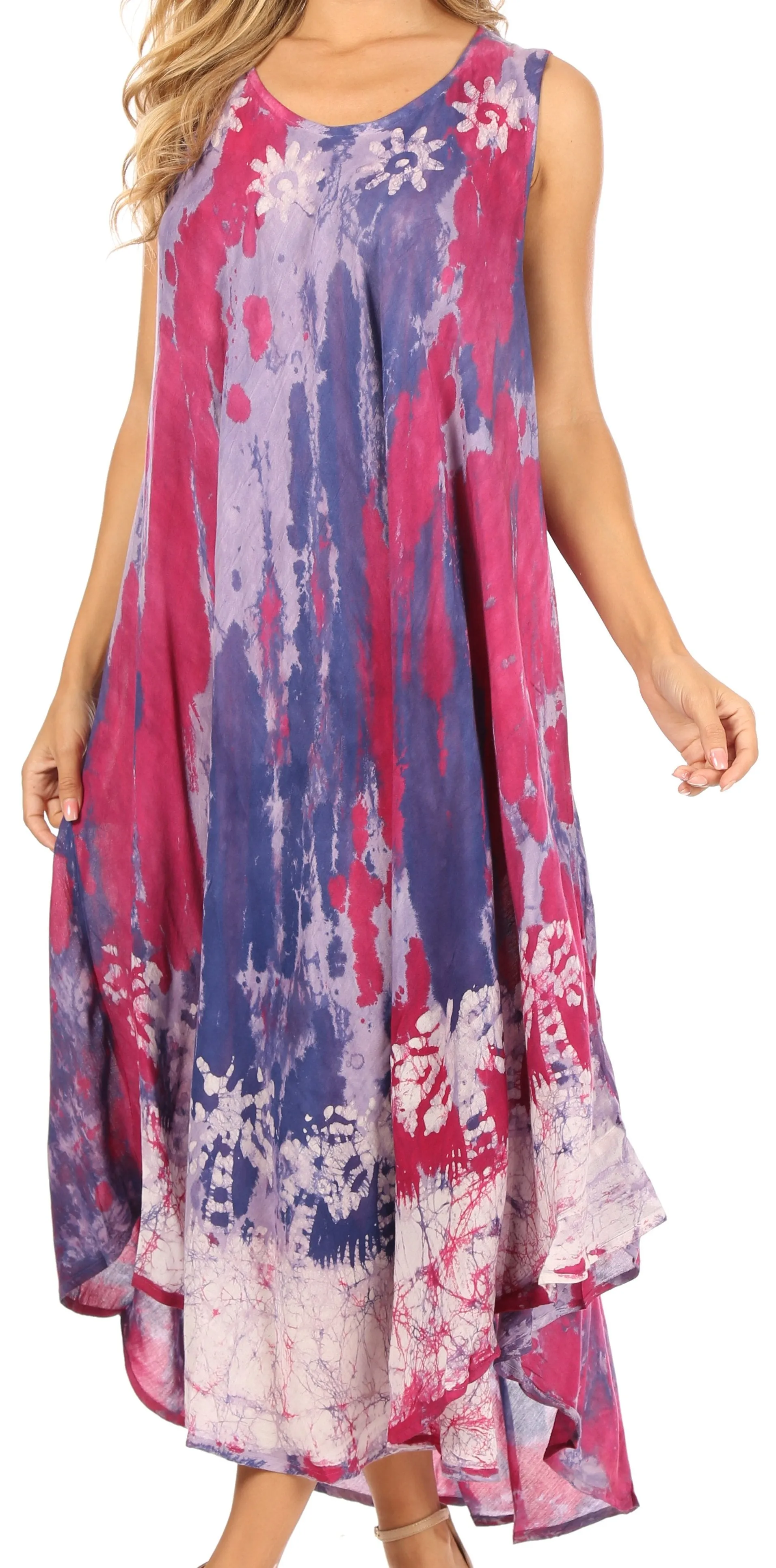 Sakkas Julia Boho Flared Multi-color Marble Batik Cotton Long Dress  / Cover Up