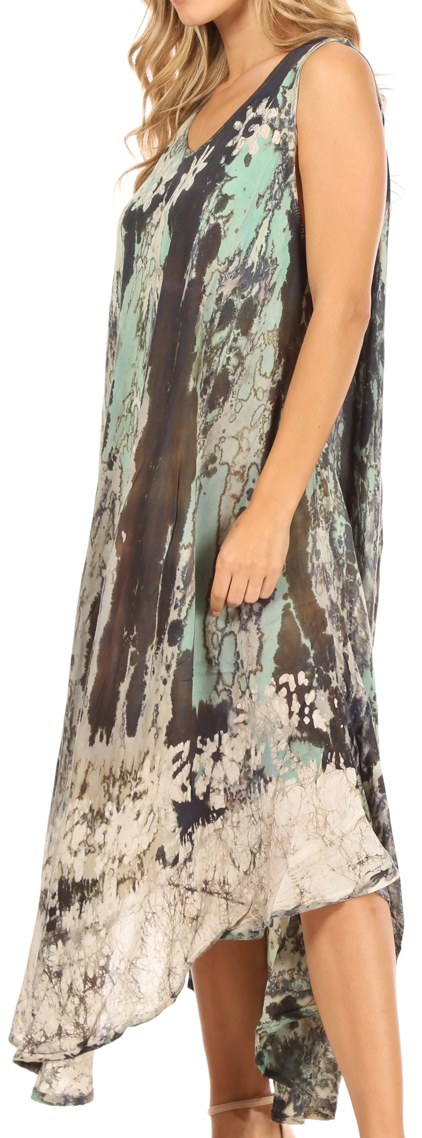 Sakkas Julia Boho Flared Multi-color Marble Batik Cotton Long Dress  / Cover Up