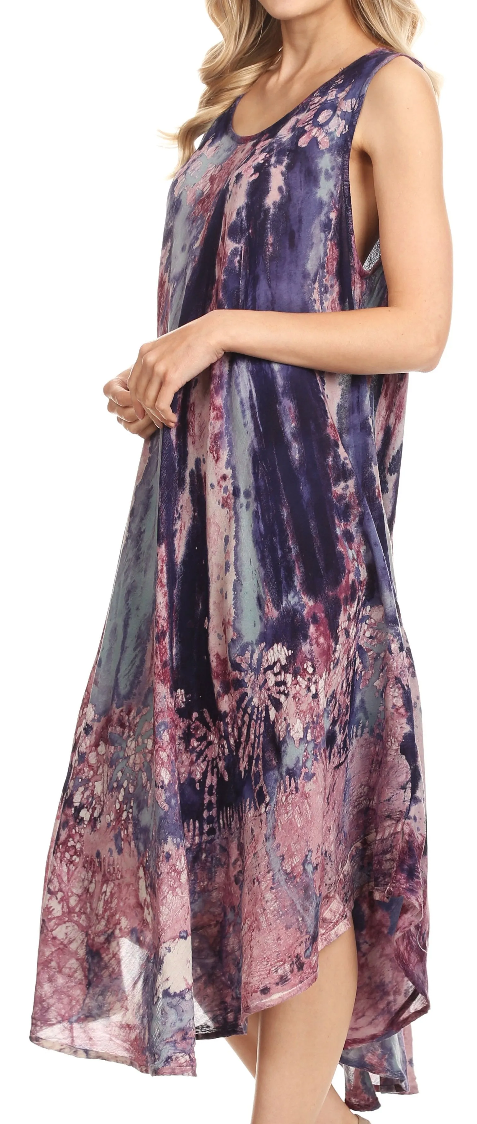 Sakkas Julia Boho Flared Multi-color Marble Batik Cotton Long Dress  / Cover Up