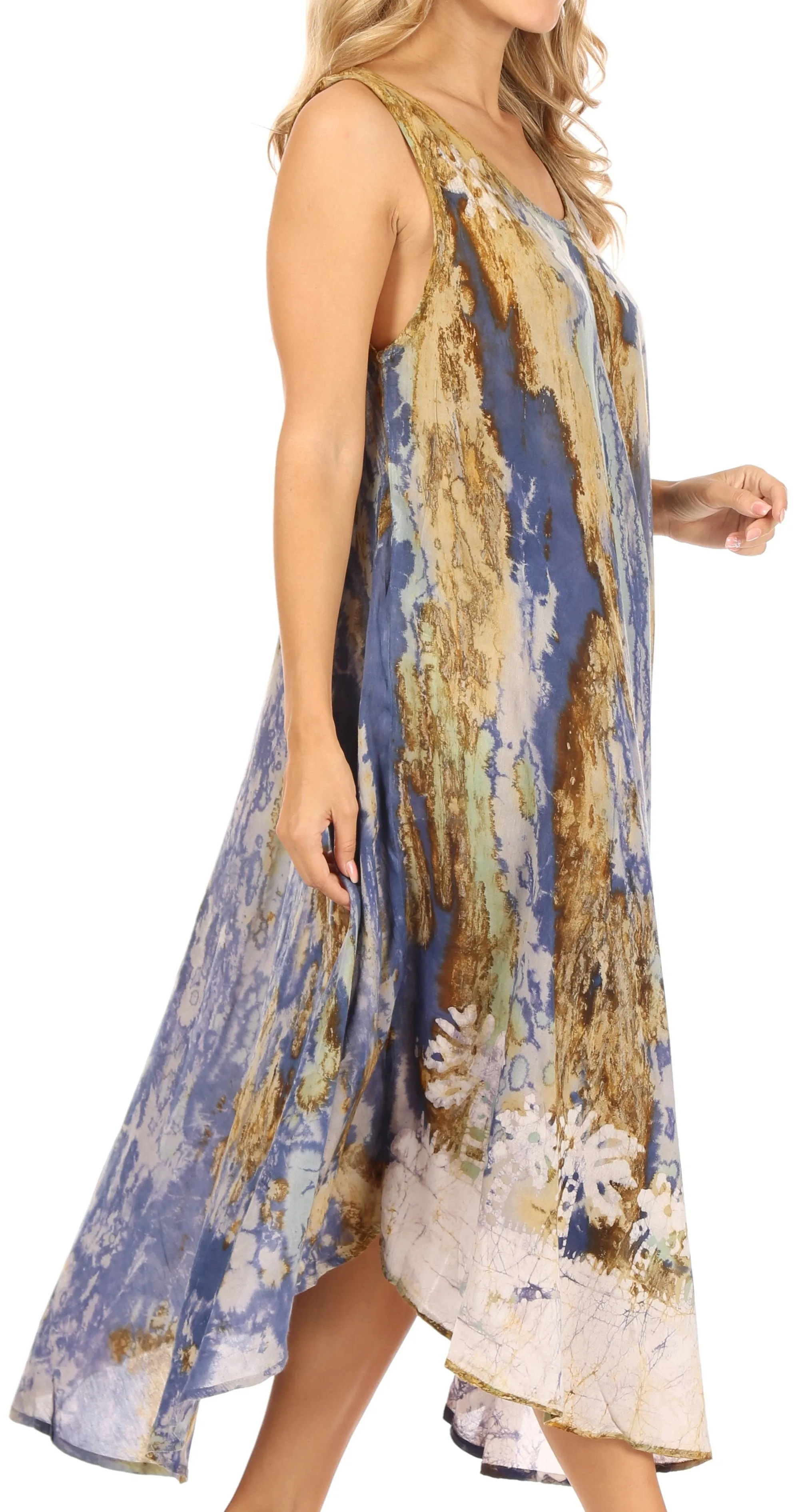 Sakkas Julia Boho Flared Multi-color Marble Batik Cotton Long Dress  / Cover Up