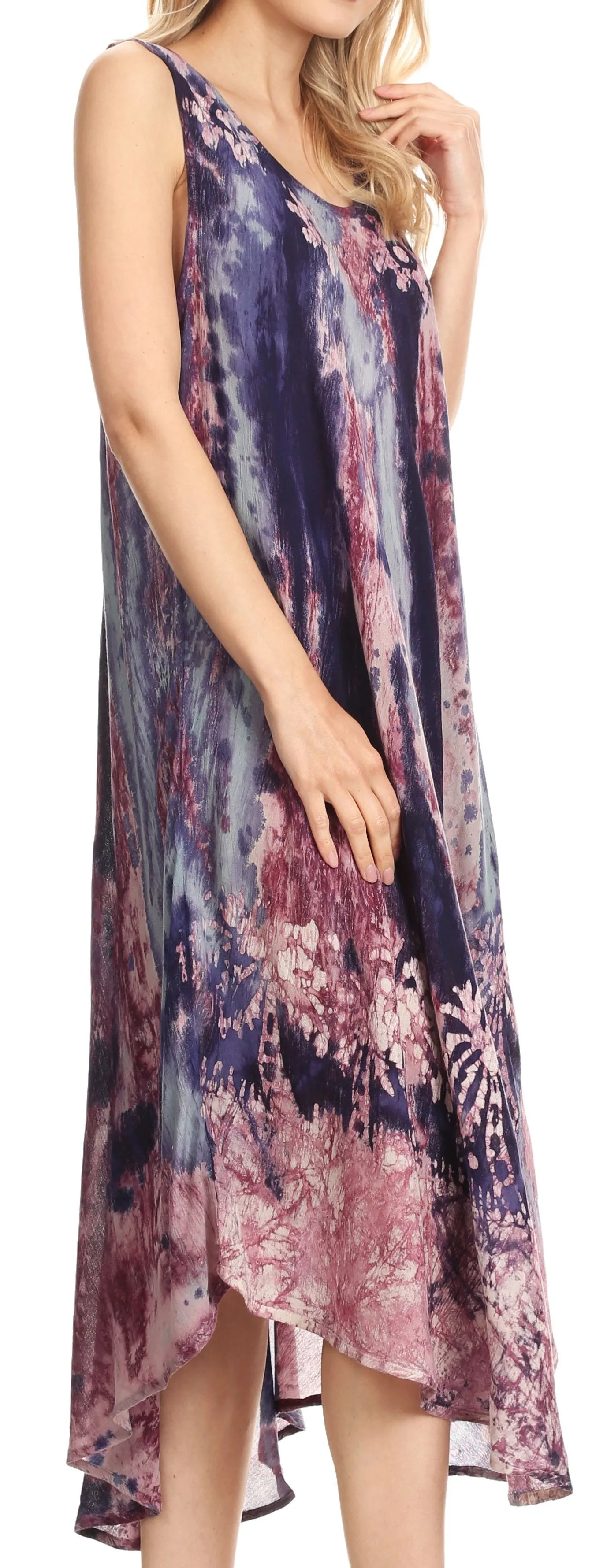 Sakkas Julia Boho Flared Multi-color Marble Batik Cotton Long Dress  / Cover Up