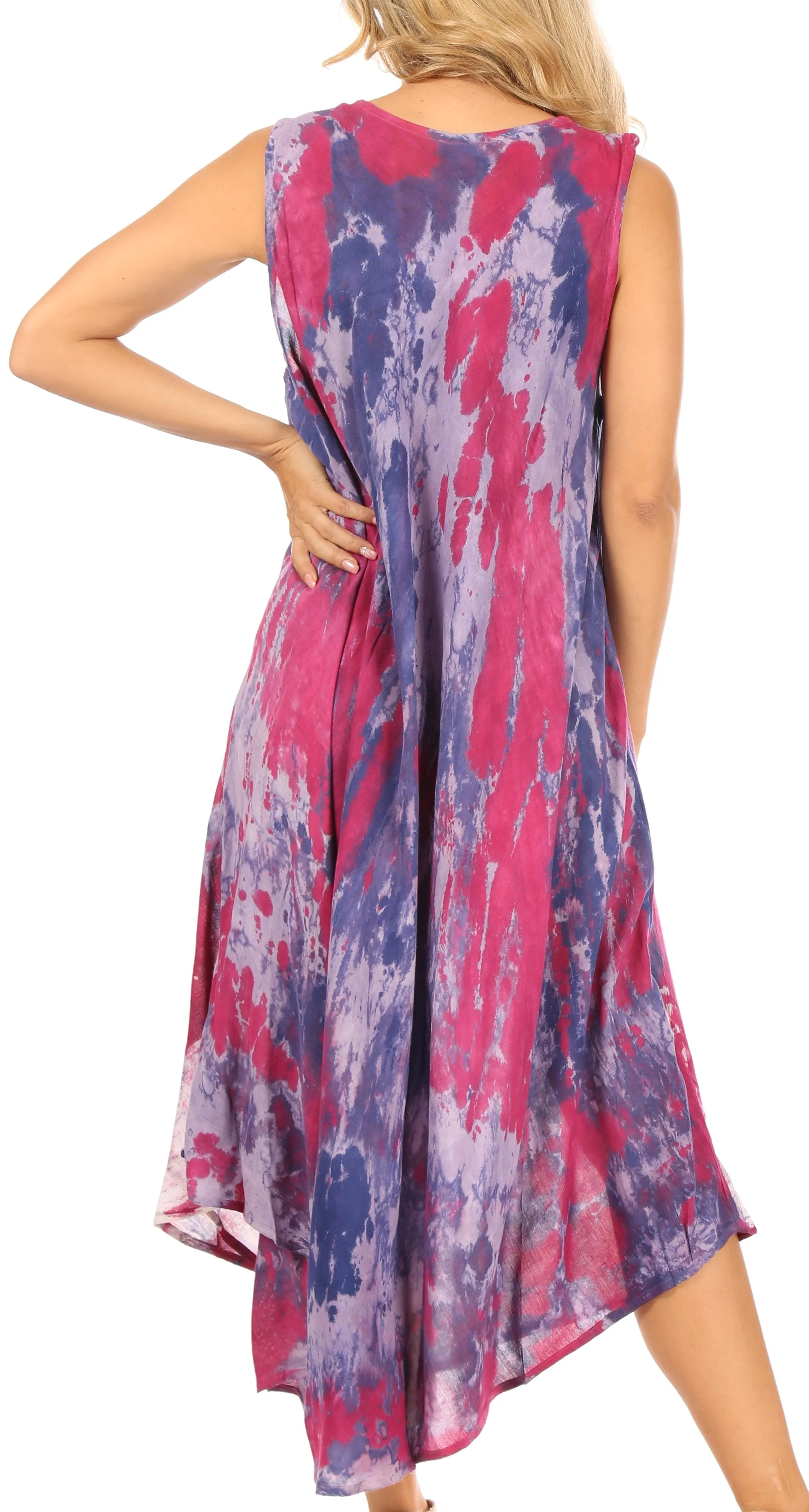Sakkas Julia Boho Flared Multi-color Marble Batik Cotton Long Dress  / Cover Up