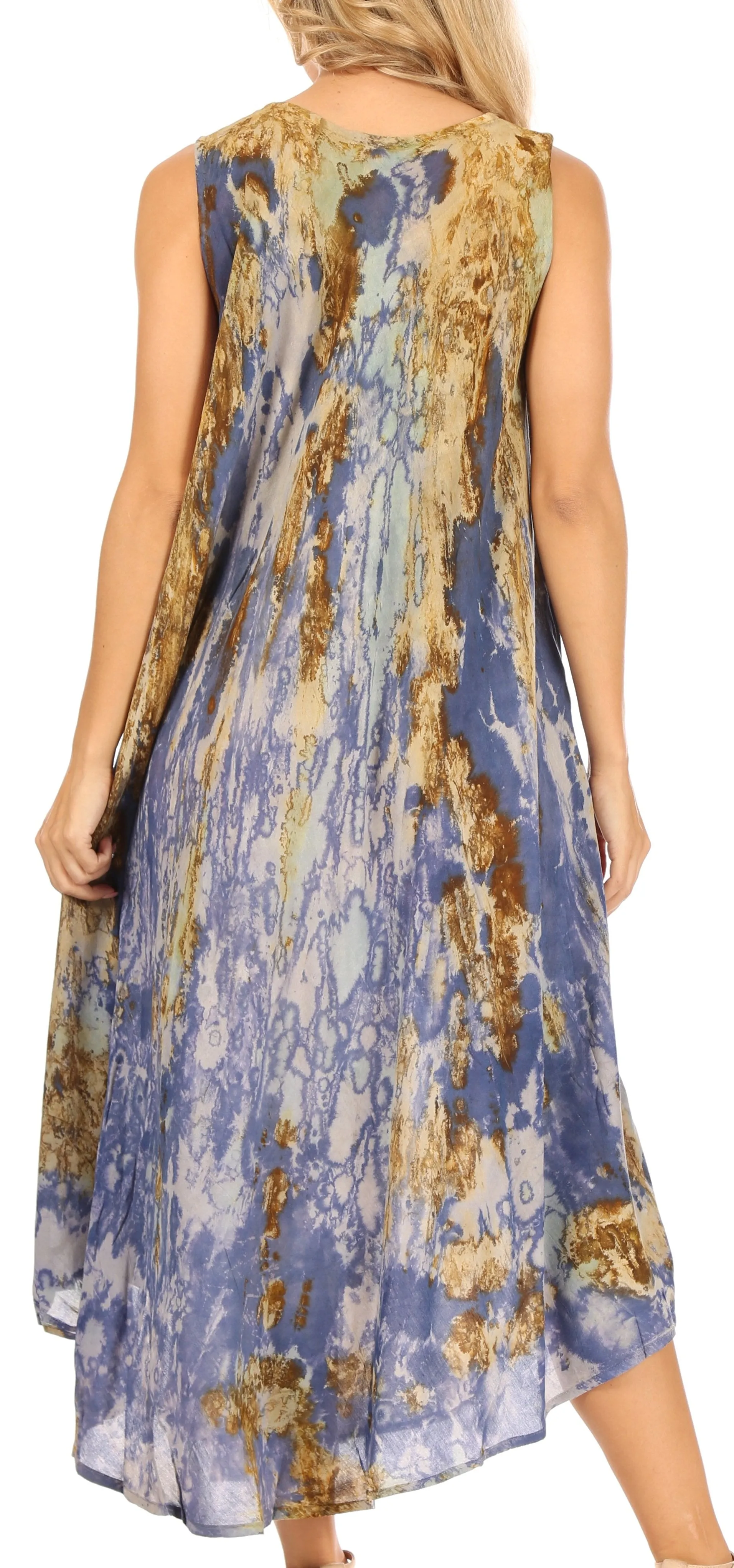 Sakkas Julia Boho Flared Multi-color Marble Batik Cotton Long Dress  / Cover Up