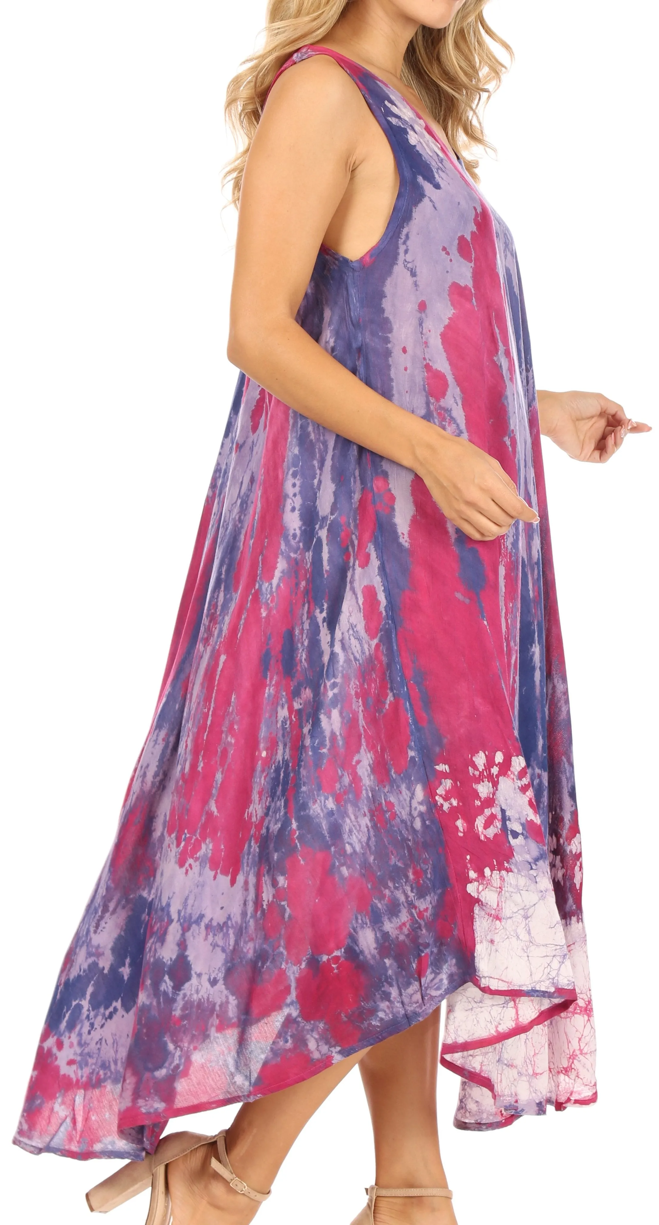 Sakkas Julia Boho Flared Multi-color Marble Batik Cotton Long Dress  / Cover Up