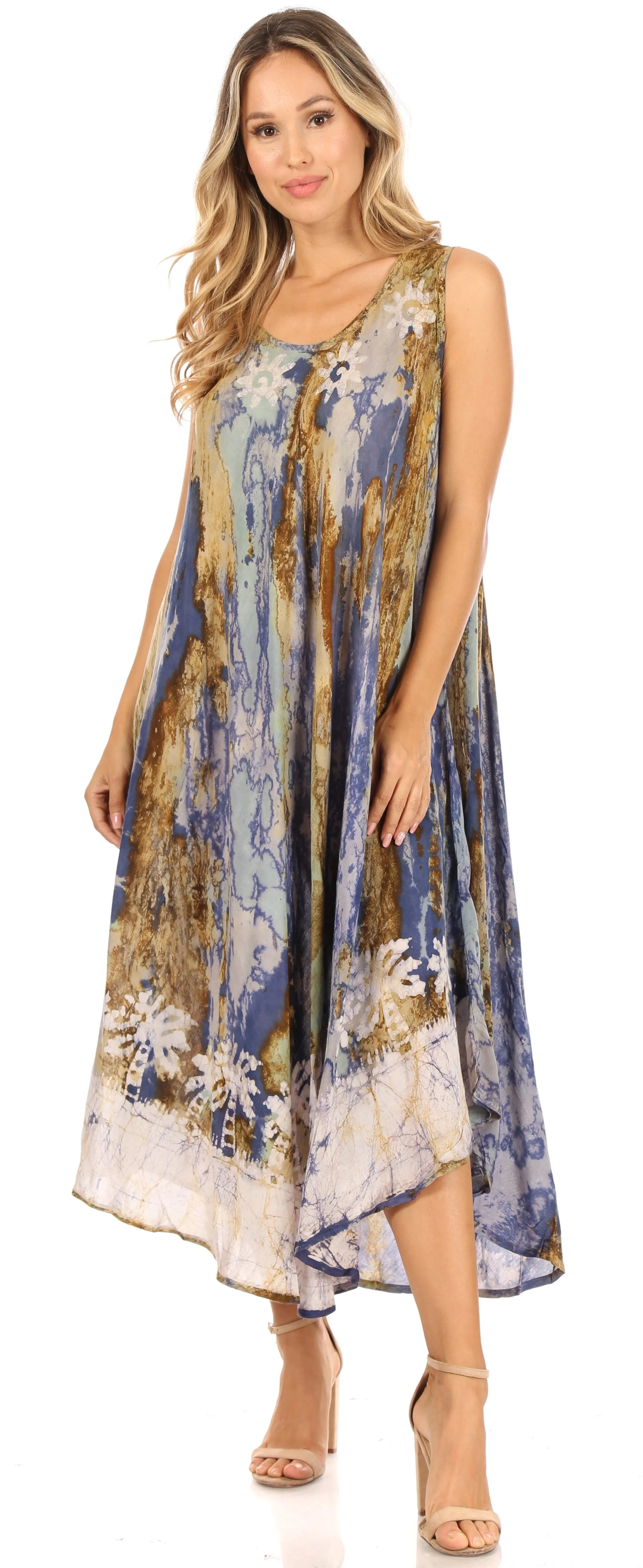 Sakkas Julia Boho Flared Multi-color Marble Batik Cotton Long Dress  / Cover Up