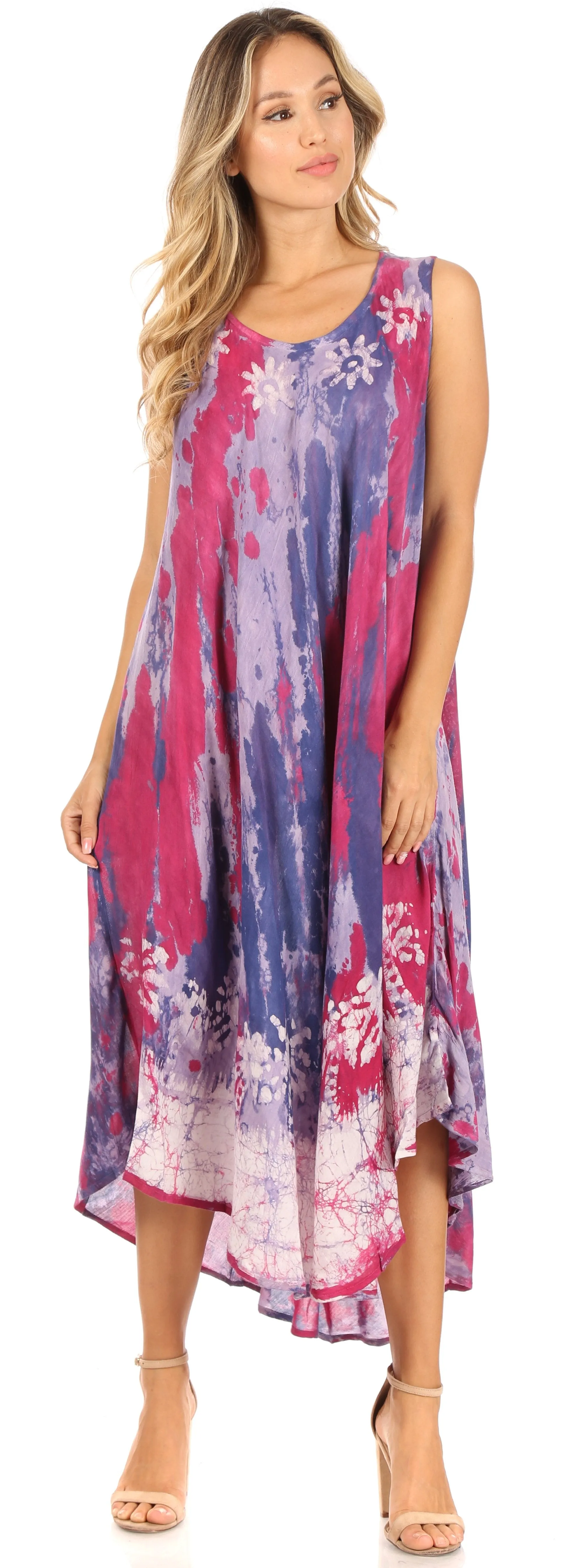 Sakkas Julia Boho Flared Multi-color Marble Batik Cotton Long Dress  / Cover Up