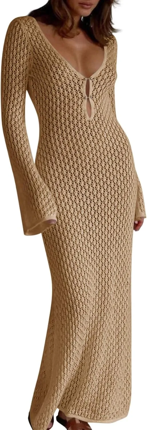 Saodimallsu Womens Crochet Maxi Cover Up Dress Beach Swim Vacation Coverups Long Sleeve Sexy Bodycon Summer Knit Dresses