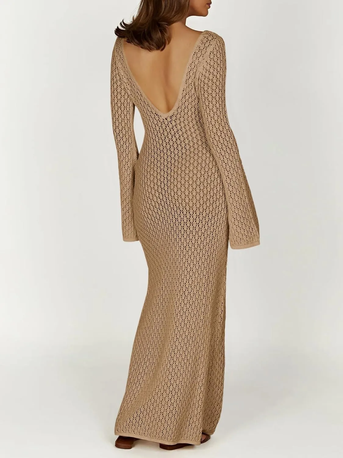 Saodimallsu Womens Crochet Maxi Cover Up Dress Beach Swim Vacation Coverups Long Sleeve Sexy Bodycon Summer Knit Dresses