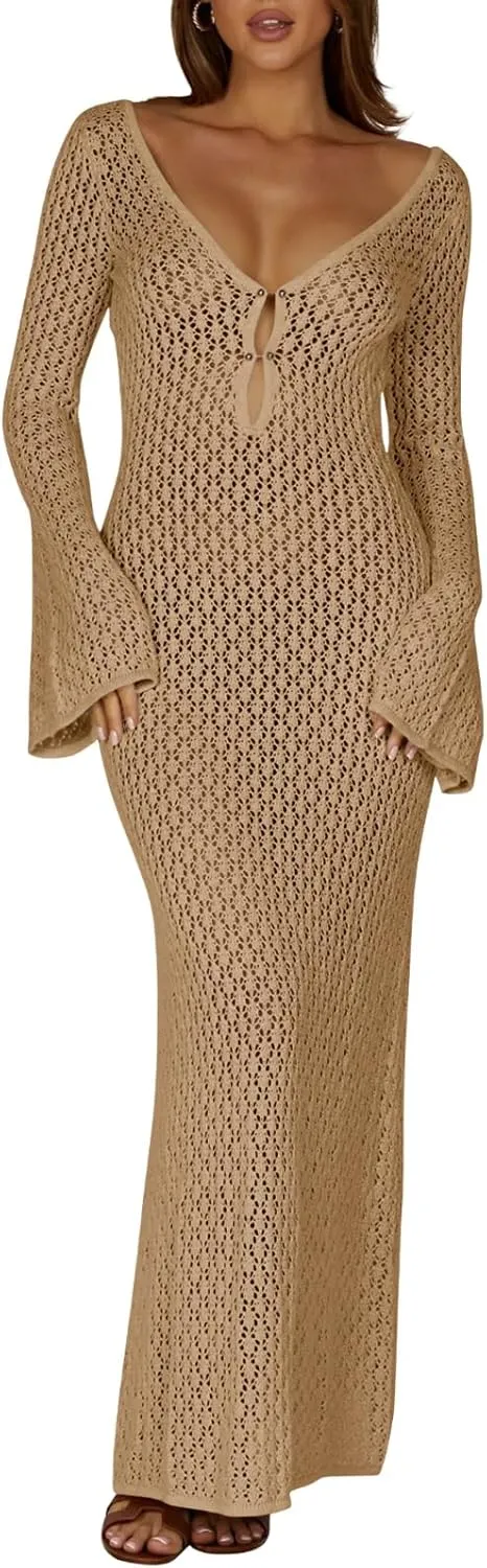 Saodimallsu Womens Crochet Maxi Cover Up Dress Beach Swim Vacation Coverups Long Sleeve Sexy Bodycon Summer Knit Dresses