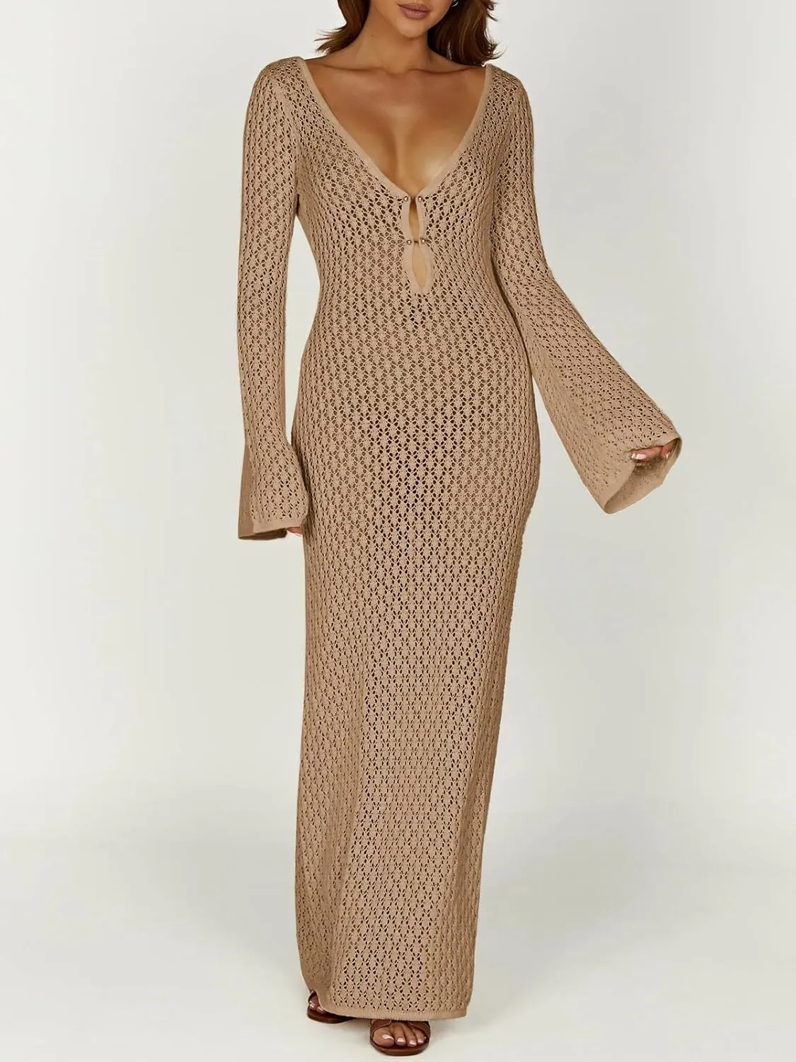 Saodimallsu Womens Crochet Maxi Cover Up Dress Beach Swim Vacation Coverups Long Sleeve Sexy Bodycon Summer Knit Dresses