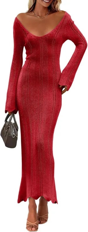Saodimallsu Womens Crochet Maxi Dress Bell Long Sleeve Sexy V Neck Bodycon Backless Knit Dresses Beach Swim Cover Up