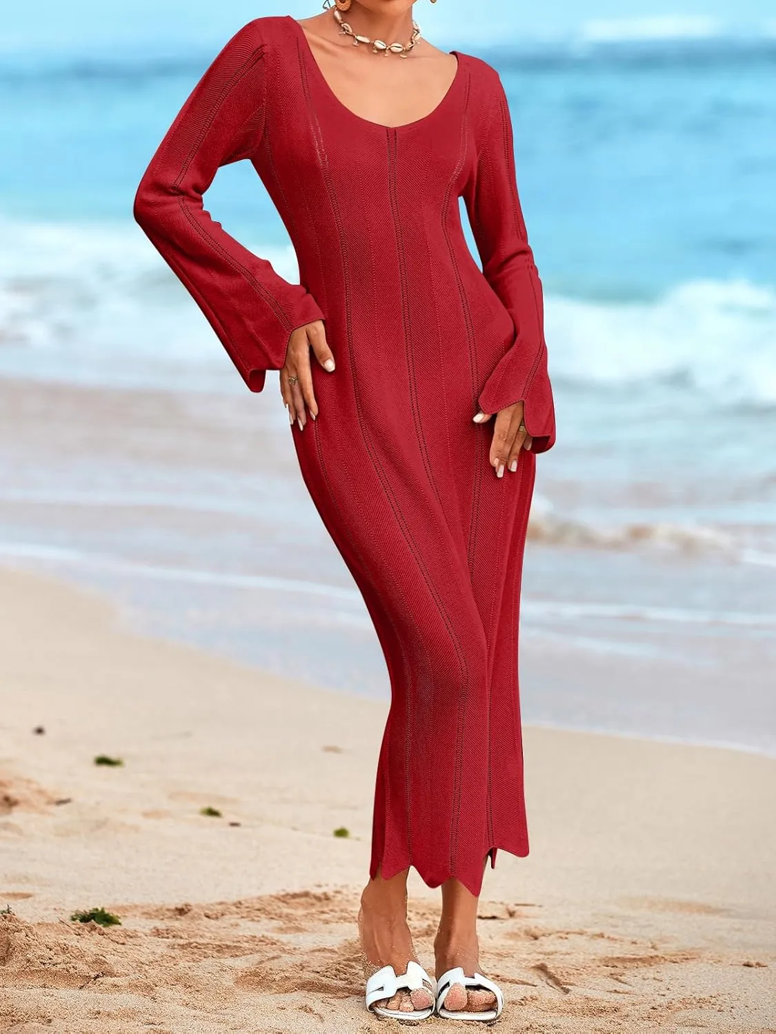 Saodimallsu Womens Crochet Maxi Dress Bell Long Sleeve Sexy V Neck Bodycon Backless Knit Dresses Beach Swim Cover Up