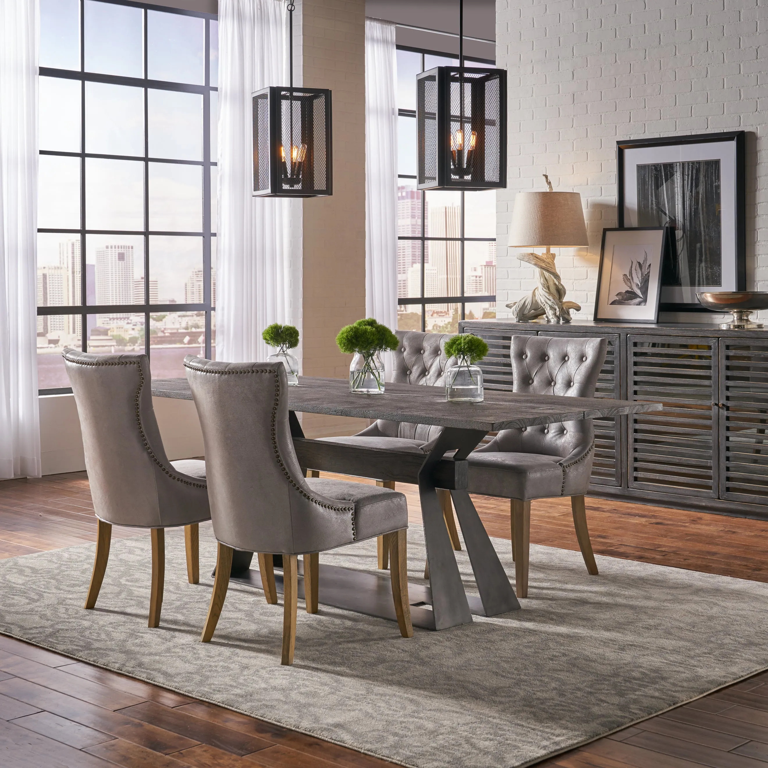 Sarreid - Sophie Side Chair Gray Leather - Grey - Transitional - set of 2