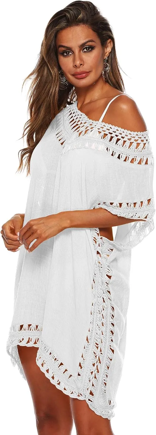 SIAEAMRG Swimsuit Cover Ups for Women, V Neck Hollow Out Swim Coverup Crochet Chiffon Summer Beach Cover Up Dress